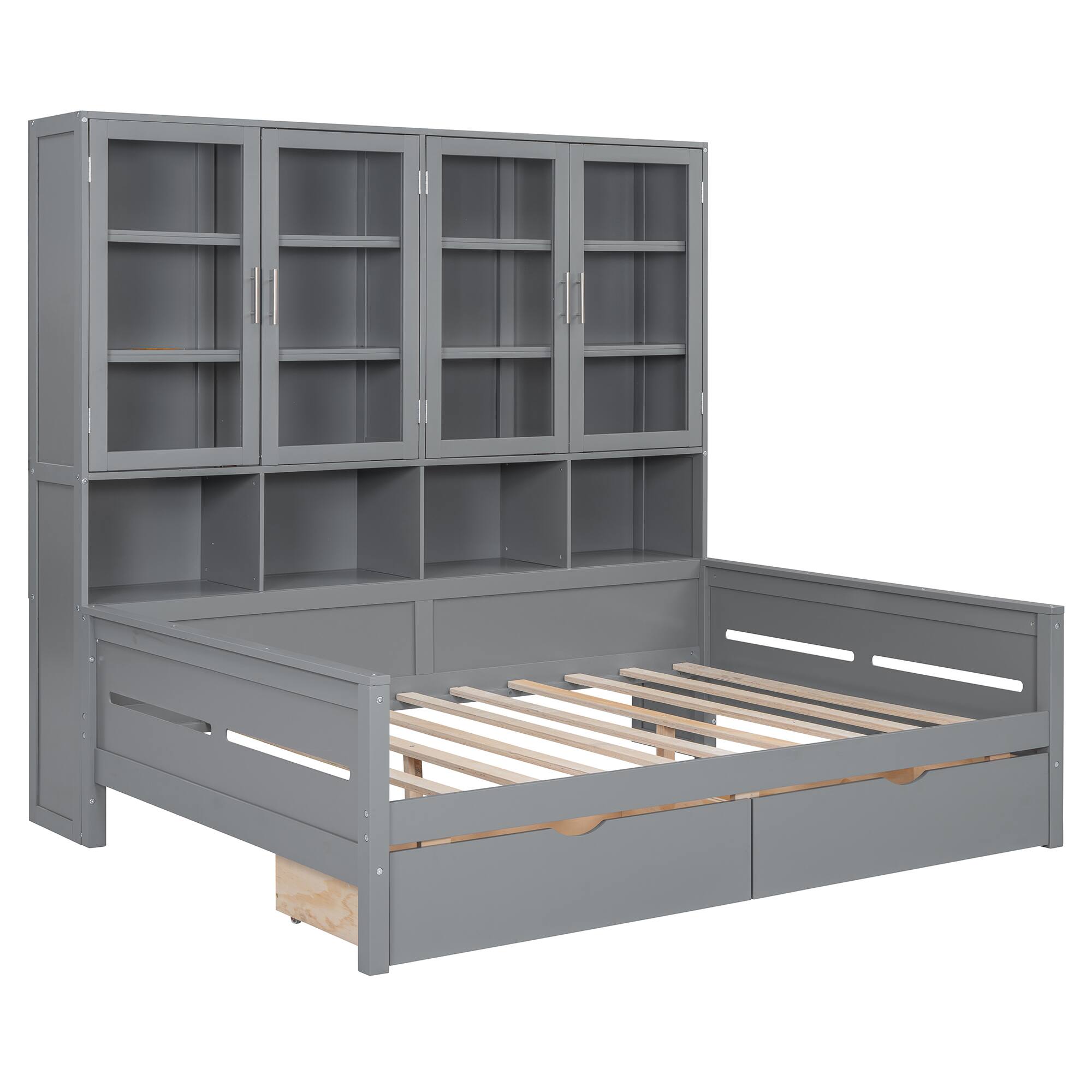 Back. Tiramisubest - Full Size Wooden Daybed with Glass-Door Storage Cabinets, Built-in LED Lighting and Shelves, Gray - Gray.