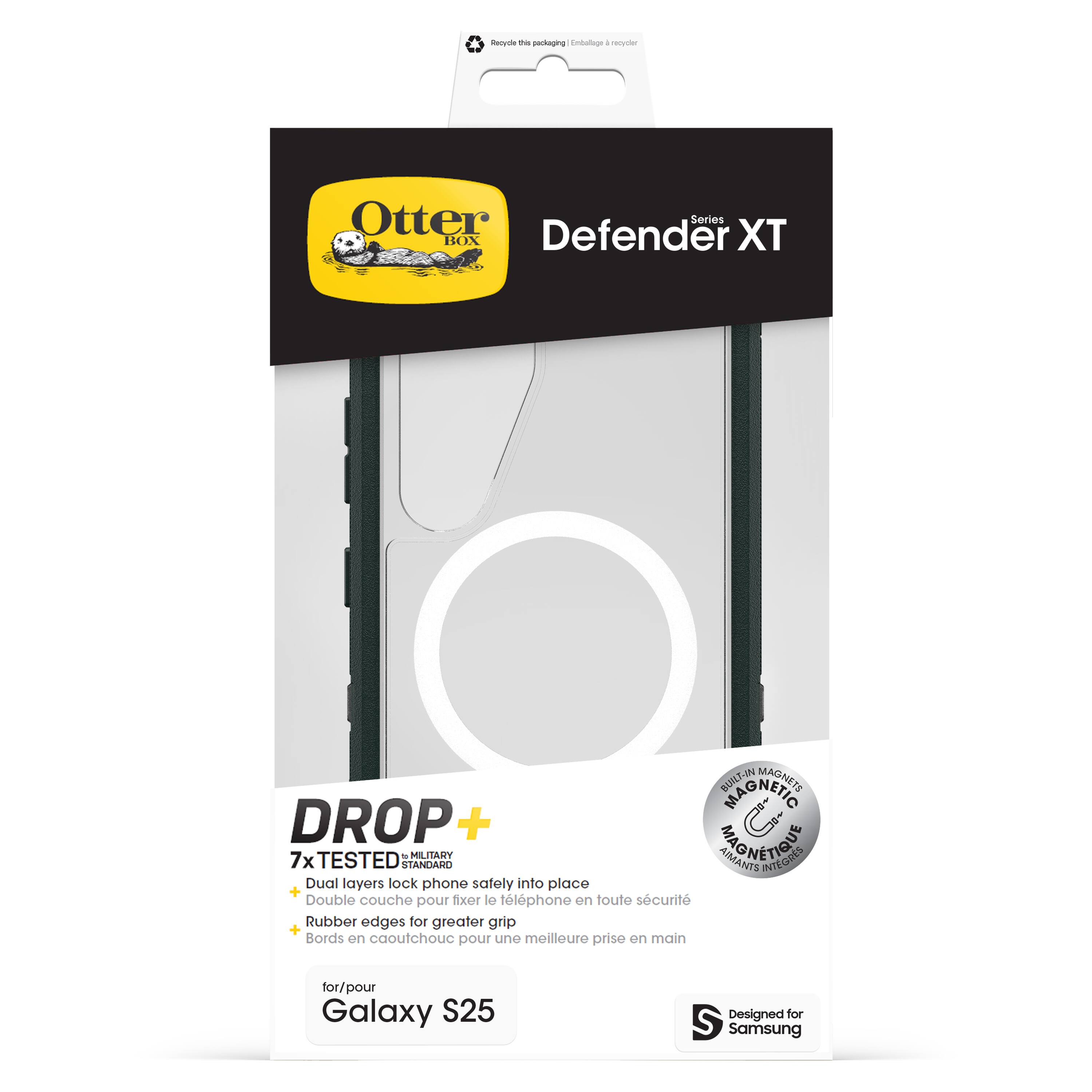 The image features a product called the Otter Defender Series XT, which is a protective case for a Samsung Galaxy S25 phone. The case is designed to keep the phone safe and secure, with a dual-layered construction that includes a built-in magnet and a drop-tested design. The case also has rubber edges for better grip and a built-in magnet for added security. The product is available in black and is suitable for use with the Galaxy S25 phone.