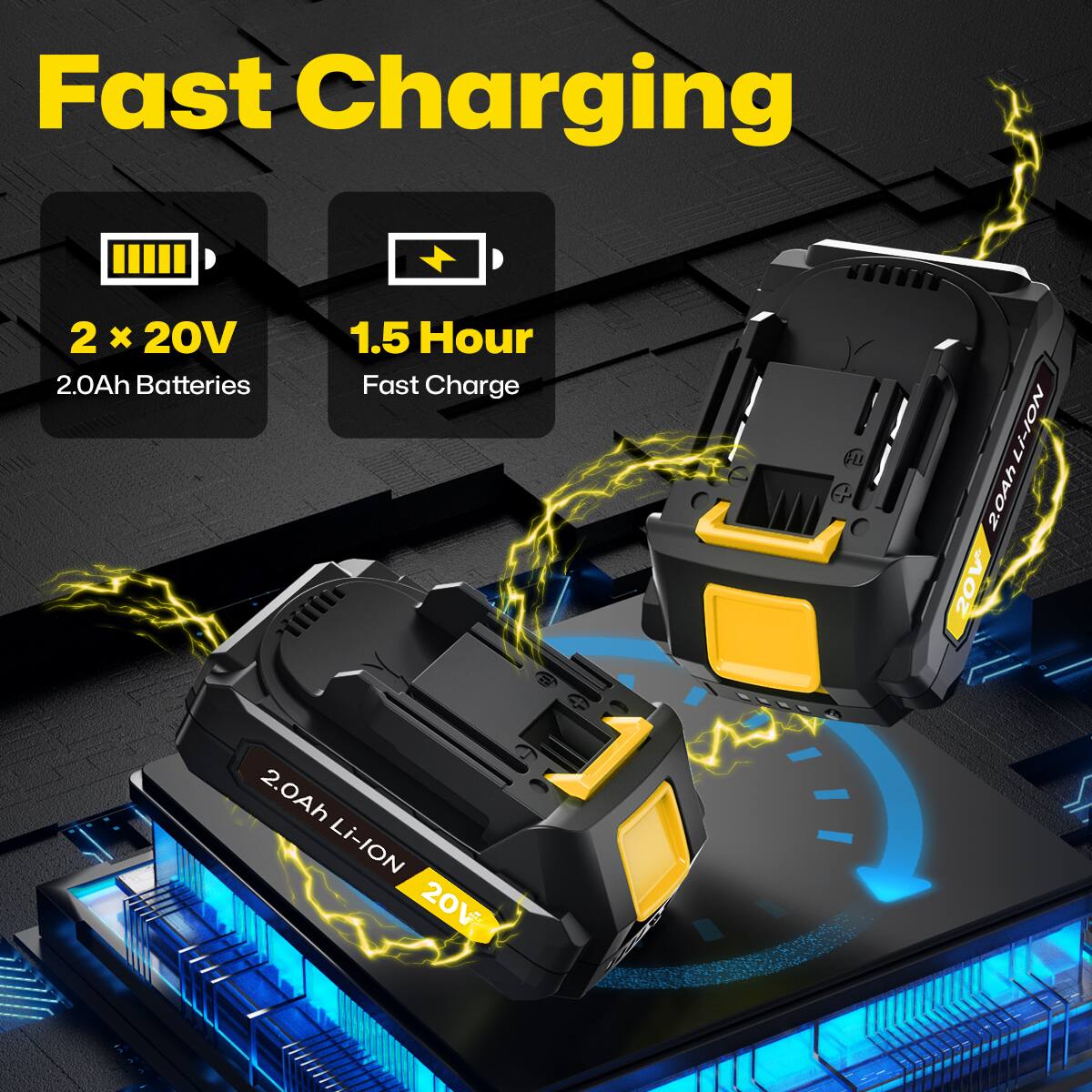 Fast Charging  
2 x 20V 2.0Ah Batteries  
1.5 Hour Fast Charge  
2.0Ah Li-ION 20V