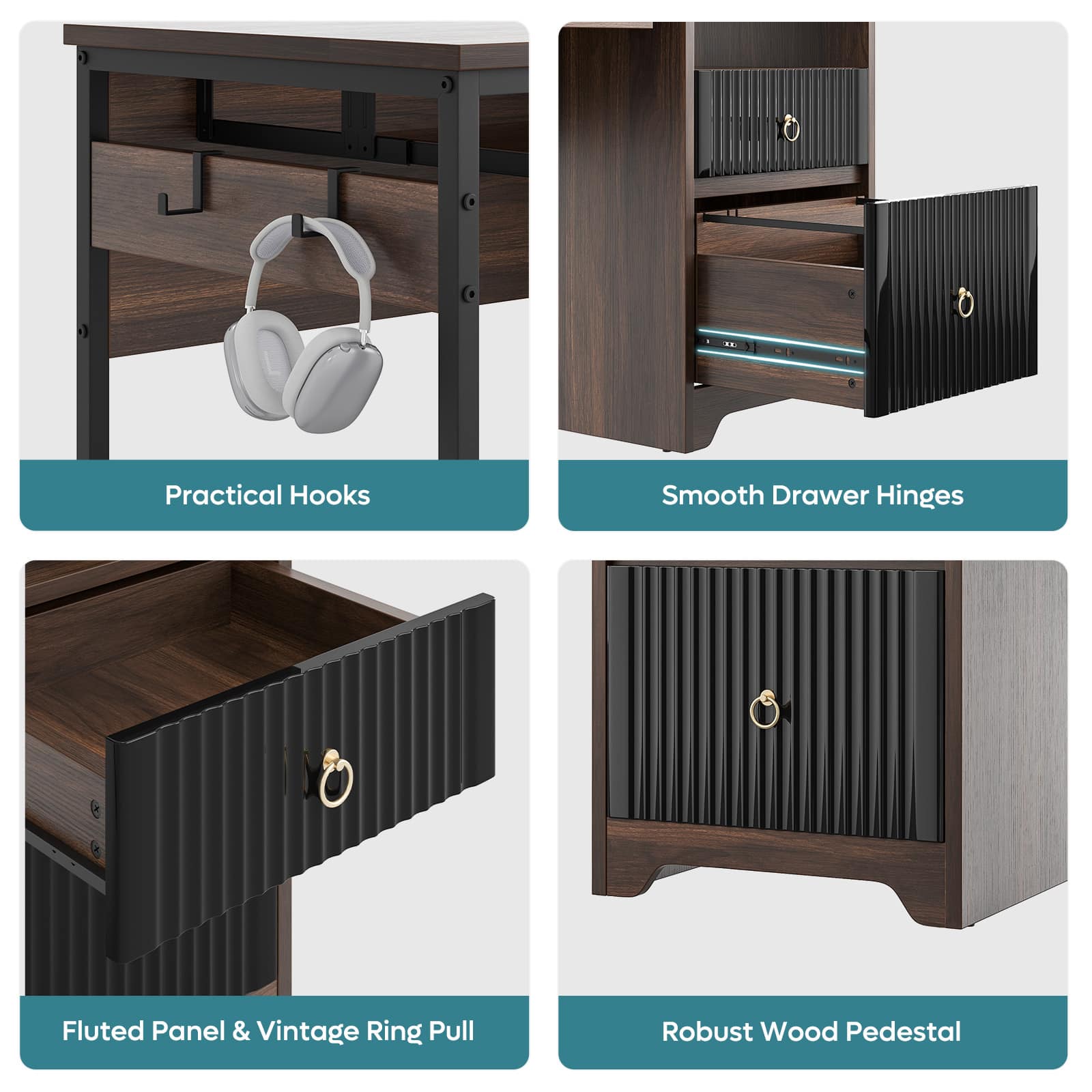 Practical Hooks: Headphones
Smooth Drawer Hinges: Drawer
Fluted Panel & Vintage Ring Pull: Drawer
Robust Wood Pedestal: Drawer