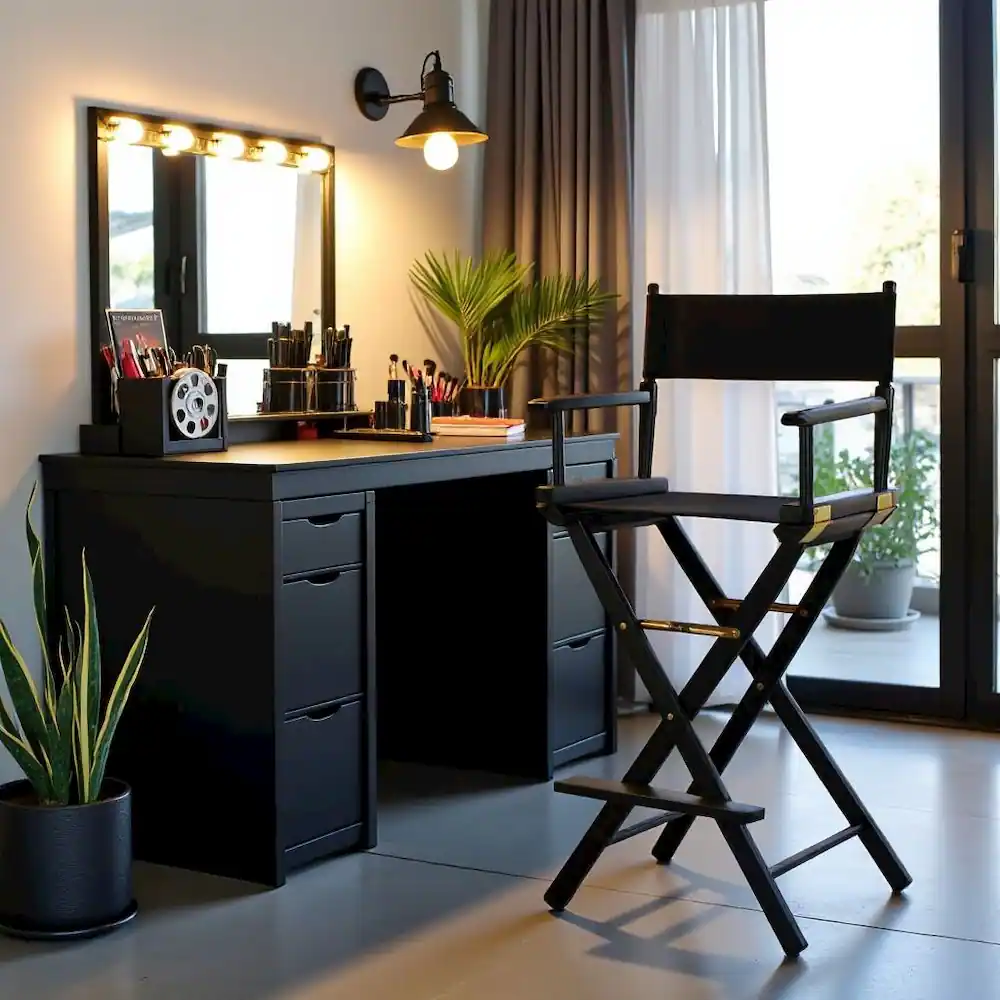 Alt View 4. FurniFact - Black Canvas Director Chair with Solid Hardwood Frame - Black Frame/Black Canvas.