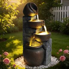 Front. Anysun - Outdoor Water Fountain with Lights – 4-Tier Cascading Pots Resin Stone Look Garden Waterfall Fountain for Yard, Porch - Grayish Brown.