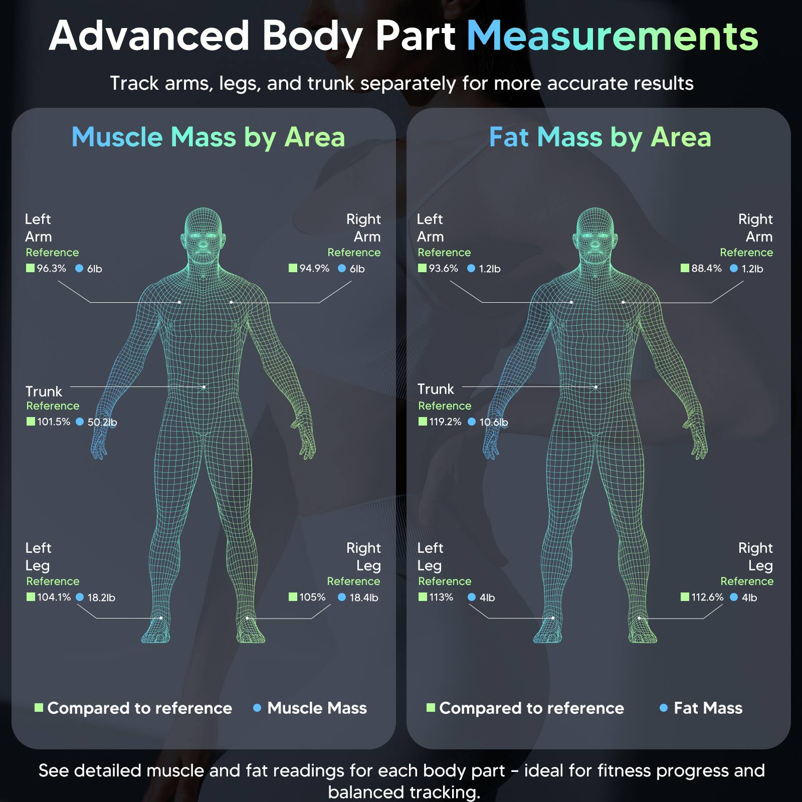 Advanced Body Part Measurements  
Track arms, legs, and trunk separately for more accurate results  

Muscle Mass by Area  
- Left Arm: 96.3% 6lb  
- Right Arm: 94.9% 6lb  
- Trunk: 101.5% 50.2lb  
- Left Leg: 104.1% 18.2lb  
- Right Leg: 105% 18.4lb  

Fat Mass by Area  
- Left Arm: 93.6% 1.2lb  
- Right Arm: 88.4% 1.2lb  
- Trunk: 119.2% 10.6lb  
- Left Leg: 113% 4lb  
- Right Leg: 112.6% 4lb  

Compared to reference  
Muscle Mass  
Fat Mass  

See detailed muscle and fat readings for each body part – ideal for fitness progress and balanced tracking.