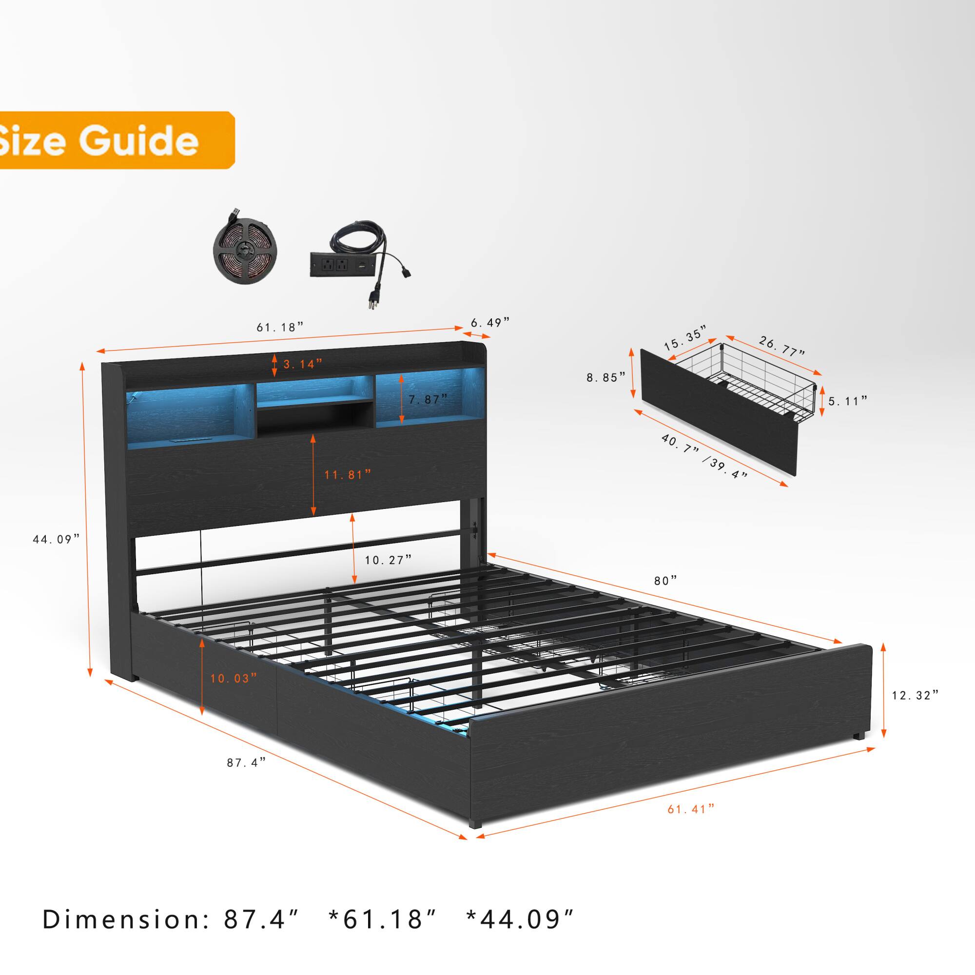 Size Guide

61.18"  
3.14"  
7.87"  
6.49"  
8.85"  
15.35"  
35"  
15.26.77"  
26.77"  
5.11"  
11.81"  
40.7"  
40.7-39.4"  
44.09"  
10.27"  
80"  
10.03"  
12.32"  
87.4"  
61.41"  

Dimension: 87.4" *61.18" *44.09"