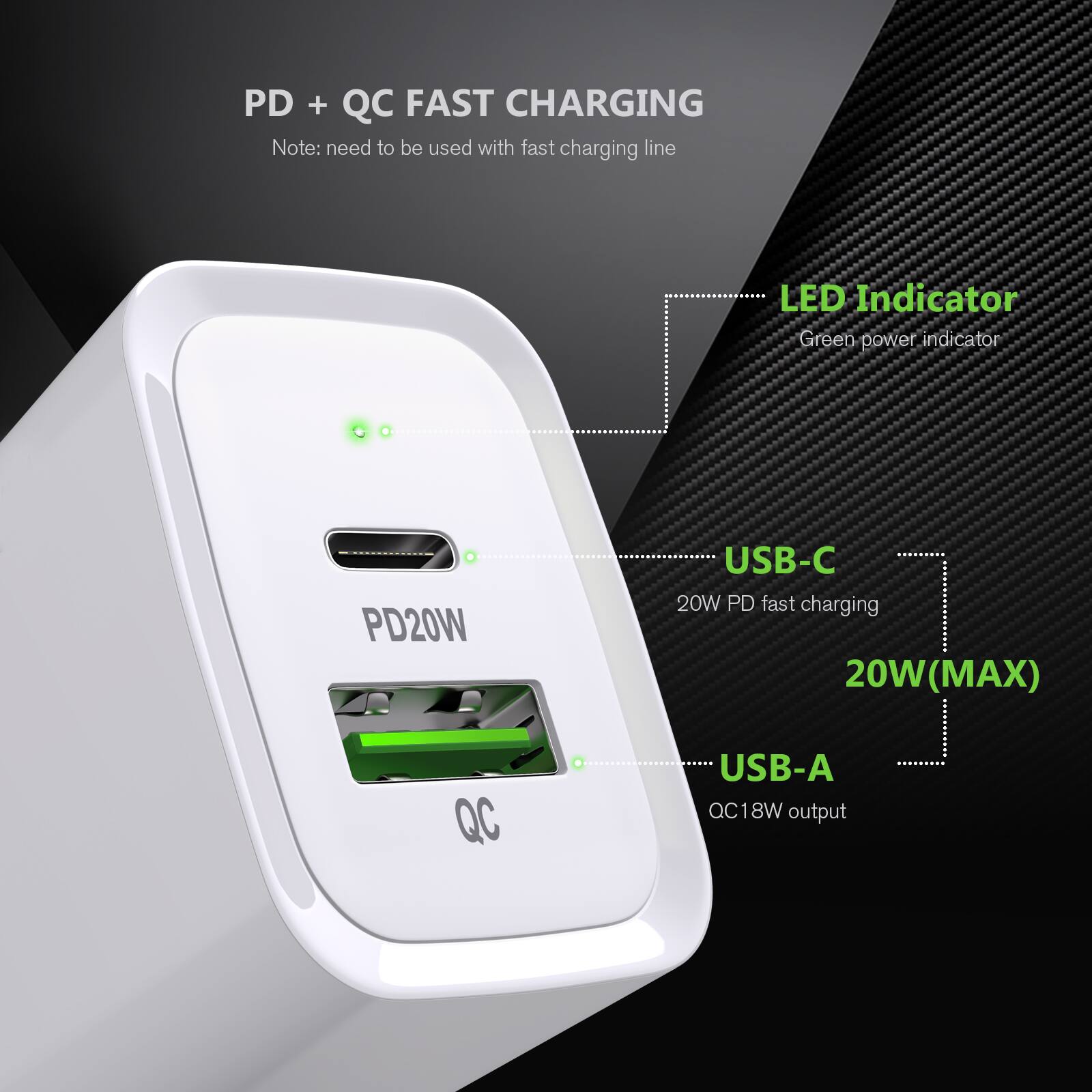 PD + QC FAST CHARGING  
Note: need to be used with fast charging line  

LED Indicator  
Green power indicator  

USB-C  
20W PD fast charging  
20W(MAX)  

USB-A  
QC18W output  

PD20W  
QC
