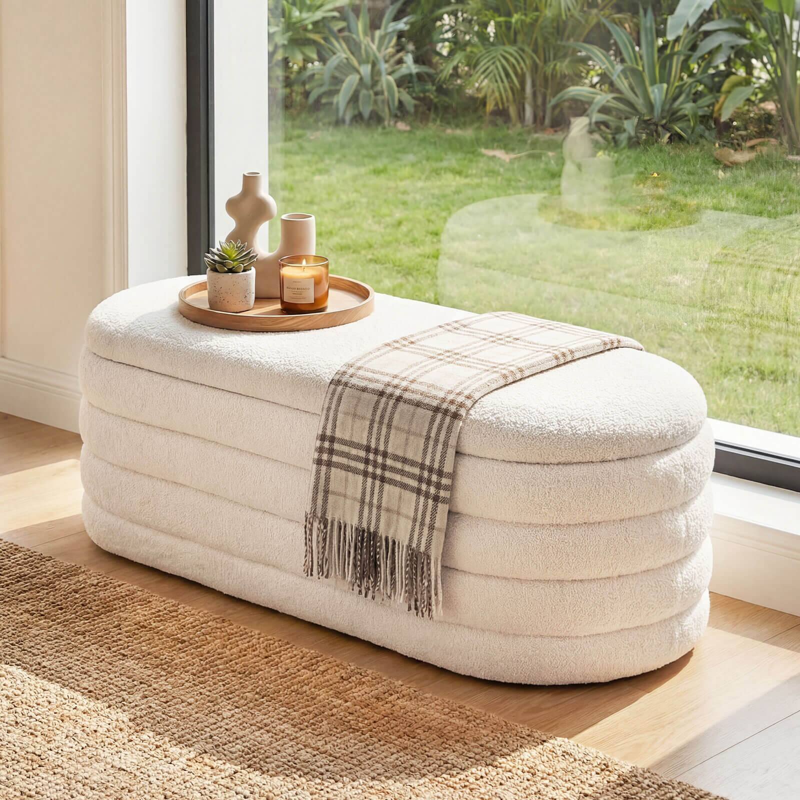 Alt View 1. Costway - Costway Upholstered Fabric Storage Ottoman Bench,Entryway Bedroom Bench,End of Bed Stool - White.