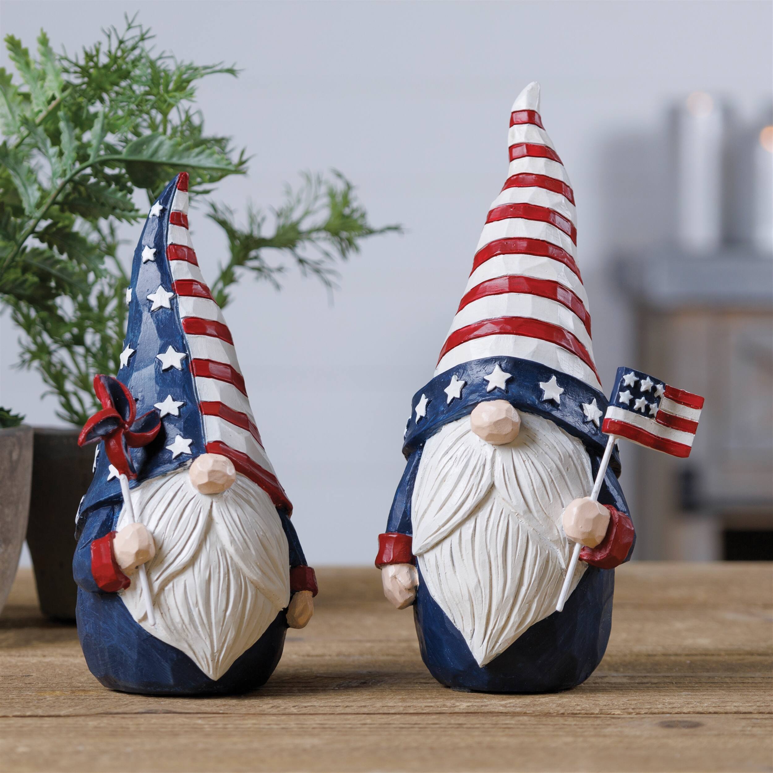 Angle. BreeBe - Americana Gnome Figurine (Set of 2) - Red, White, Blue.