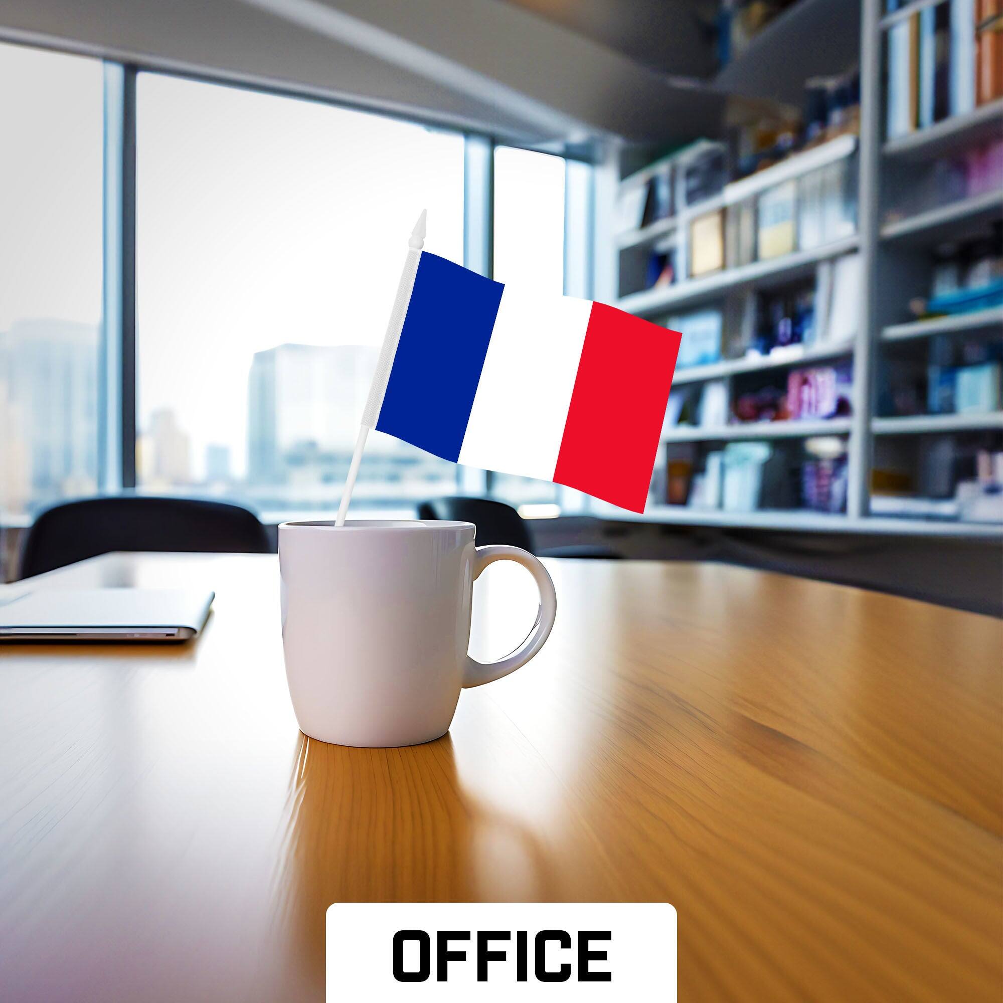 Left. G128 - 30 Pack Handheld France Flags 4" x 6" — 150D Polyester with Plastic Stick and White Spear Tip. - Assorted Colors.