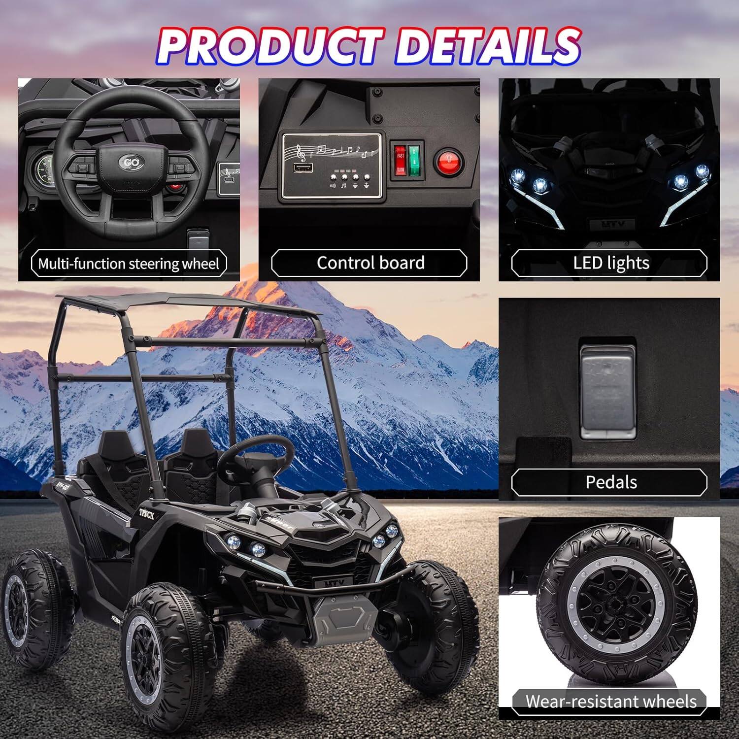 PRODUCT DETAILS

- Multi-function steering wheel
- Control board
- LED lights
- Pedals
- Wear-resistant wheels
