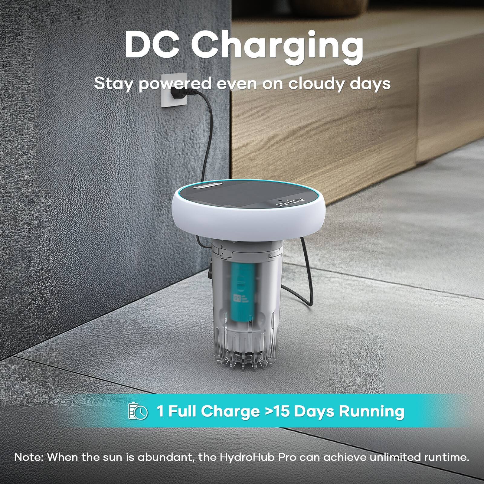DC Charging: Stay powered even on cloudy days. This device offers 1 full charge that lasts for over 15 days of running. Note: When the sun is abundant, the HydroHub Pro can achieve unlimited runtime.