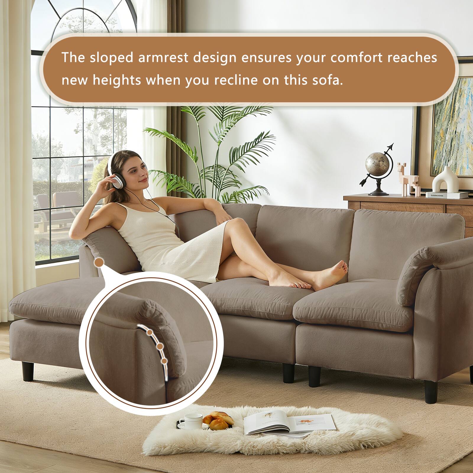 The sloped armrest design ensures your comfort reaches new heights when you recline on this sofa.