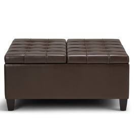 Simpli Home - Harrison 36 inch Wide Transitional Square Coffee Table Storage Ottoman Faux Leather - Chocolate Brown