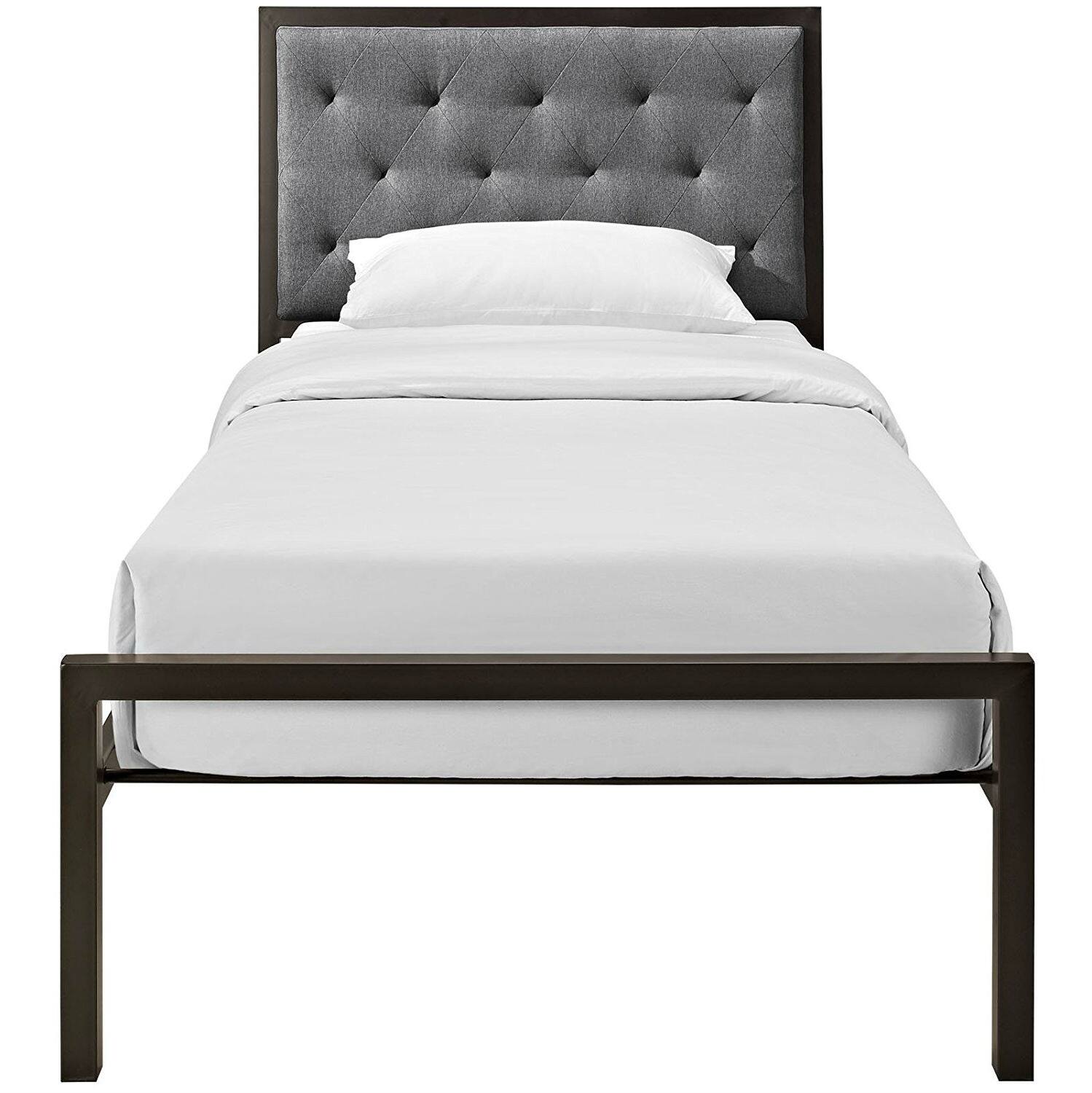 Left. Hivvago - Hivvago Twin Metal Platform Bed with Fabric Button Tufted Upholstered Headboard - Gray.