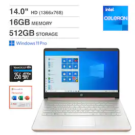 HP - 14 Laptop 14.0 HD Display (Celeron N4500, 16GB, 512GB SSD, Win 11 Pro) w/Office 365 , 256GB microSDXC Card - Pale Rose Gold Natural Silver