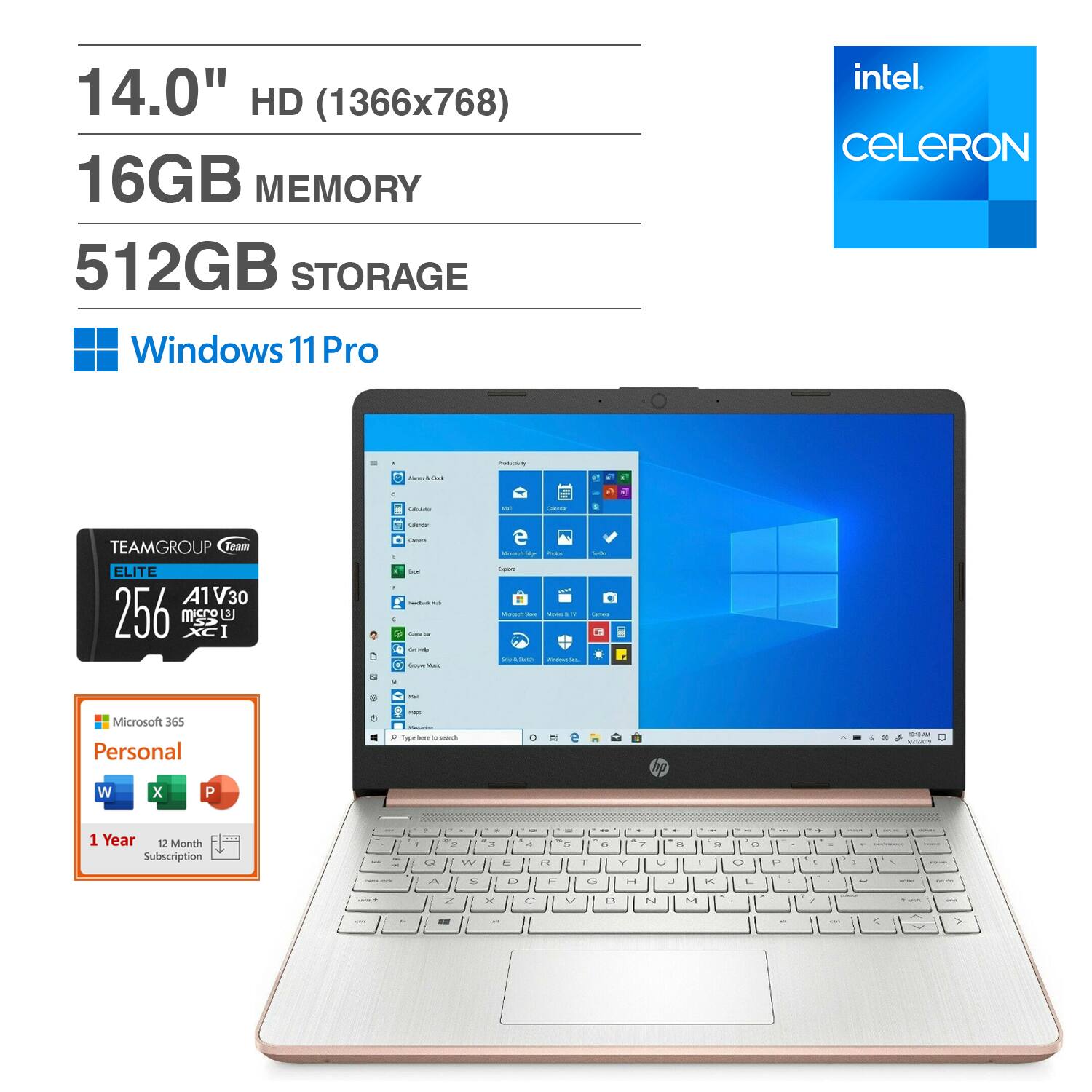 HP - 14 Laptop 14.0 HD Display (Celeron N4500, 16GB, 512GB SSD, Win 11 Pro) w/Office 365 , 256GB microSDXC Card - Pale Rose Gold Natural Silver