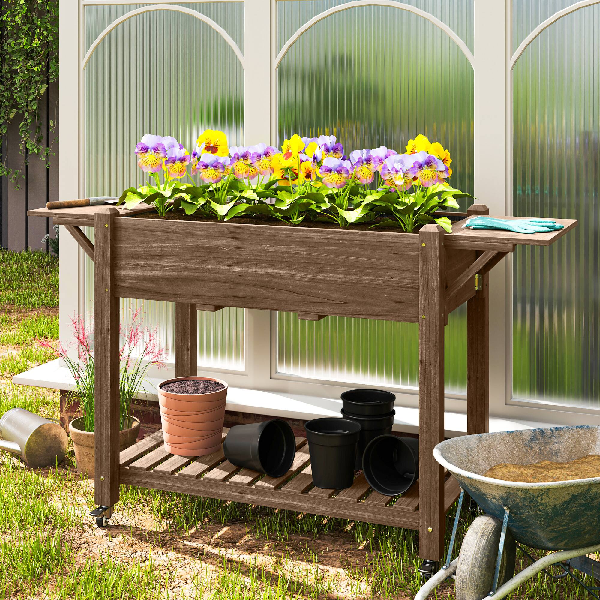 Alt View 1. Outsunny - Raised Garden Bed, 57 x 20.5 x 34 in Wood Elevated Planter Box with Lockable Wheels, Side Tables and Bottom Shelf - Carbonized.