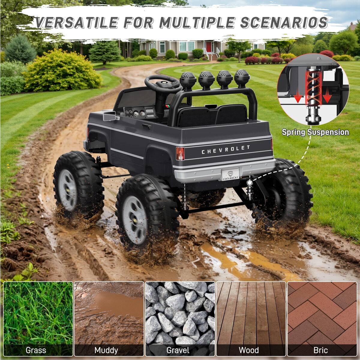 VERSATILE FOR MULTIPLE SCENARIOS  
CHEVROLET Spring Suspension  
Grass  
Muddy  
Gravel  
Wood  
Brick