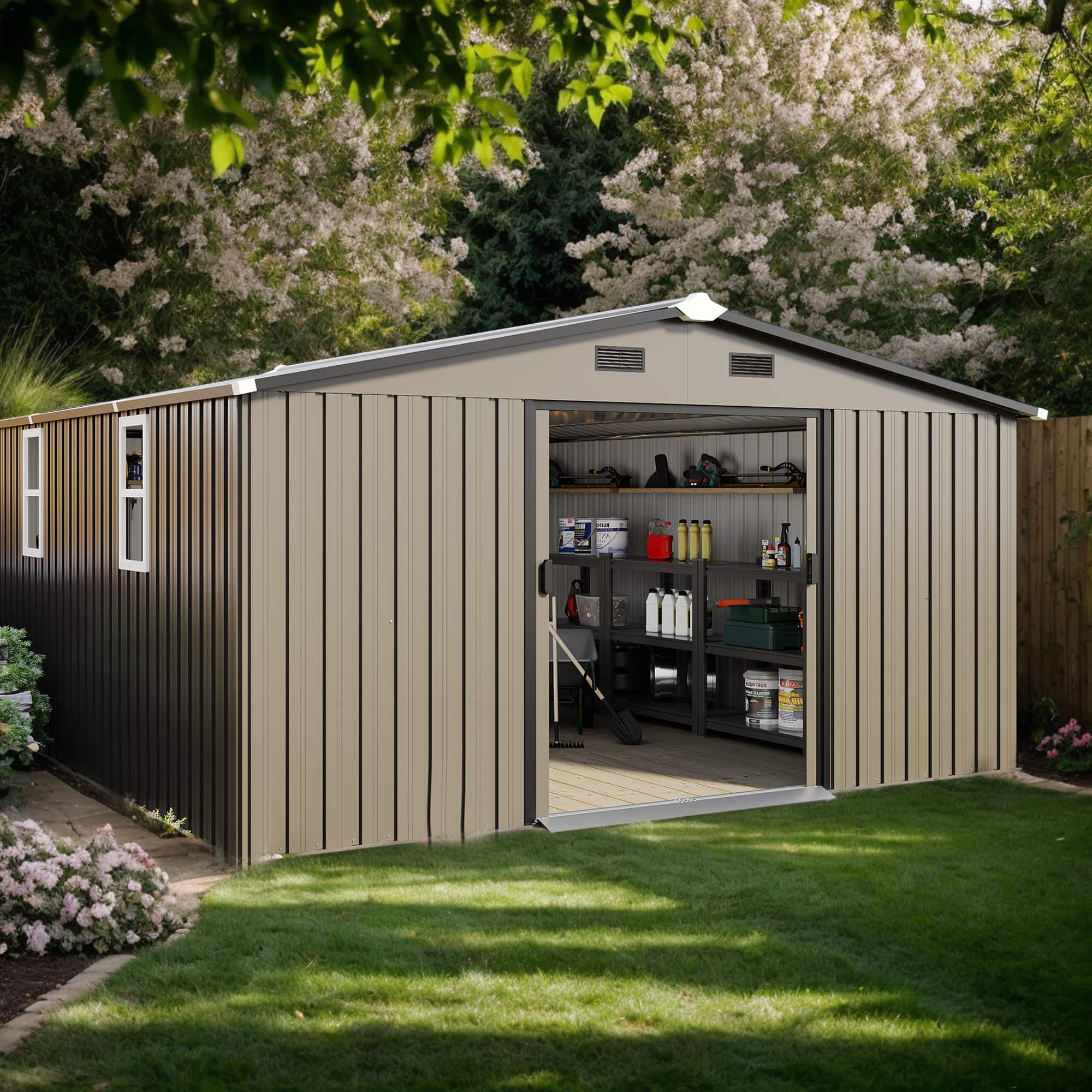 Mondawe - 10x12 FT Outdoor Storage Shed with Color Steel Plate and Two Daylight Windows - Brown