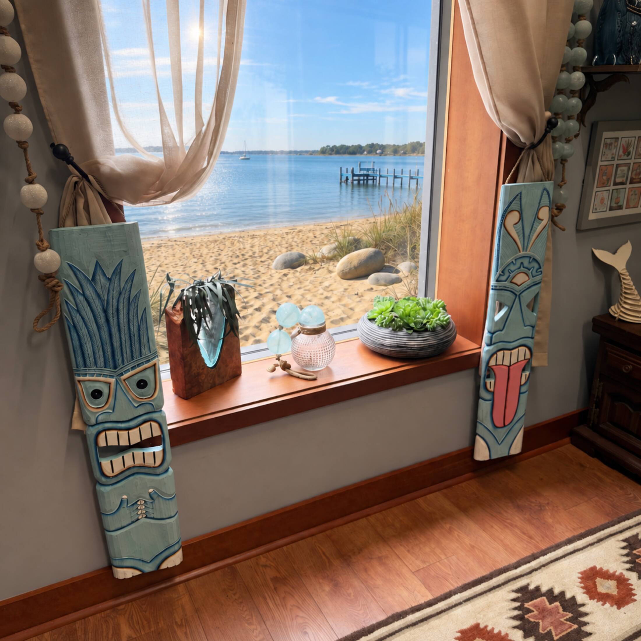 Alt View 6. Chesapeake Bay - Set of 2 Aqua Tiki Wall Plaques Hand Carved Wood 39 Inch Tall Coastal Decor - Aqua.