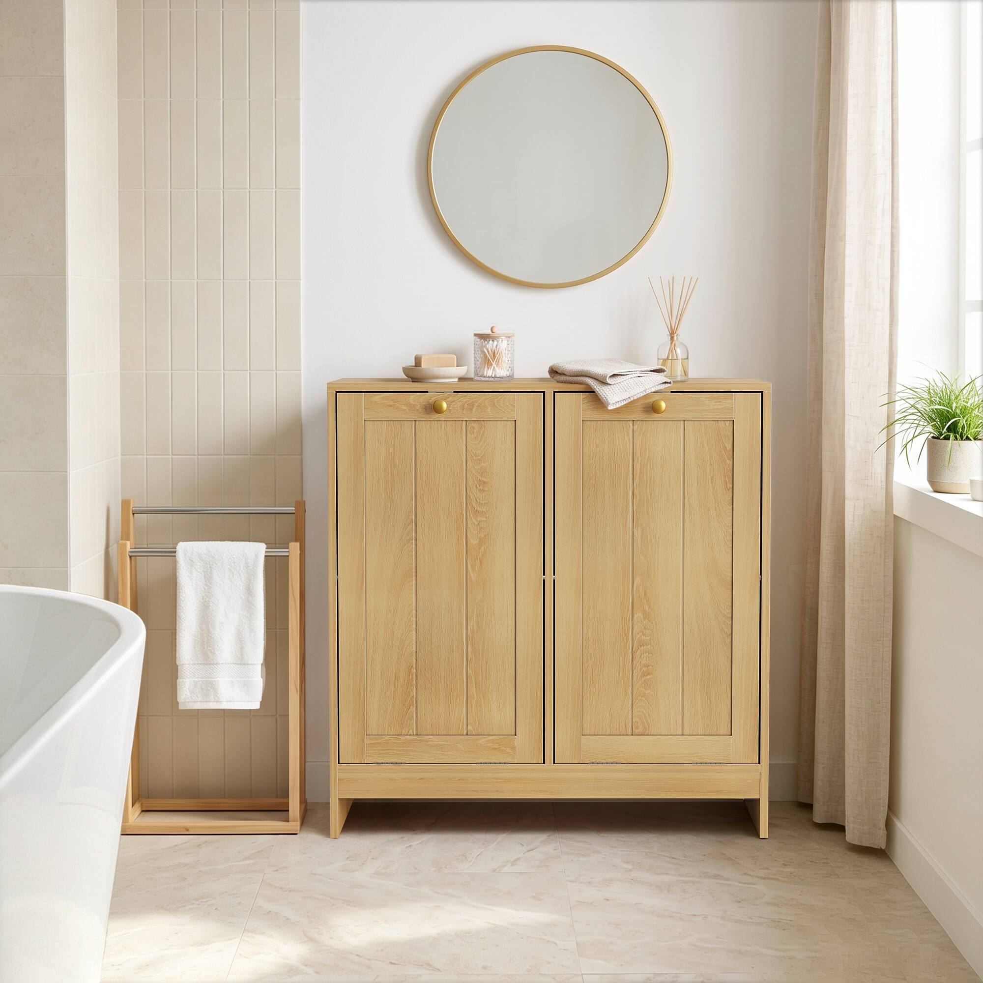 Alt View 7. Loheer - Loheer Tilt Out Laundry Hamper Cabinet Oak Hidden Bathroom Laundry Sorter with Removable Baskets - Oak.