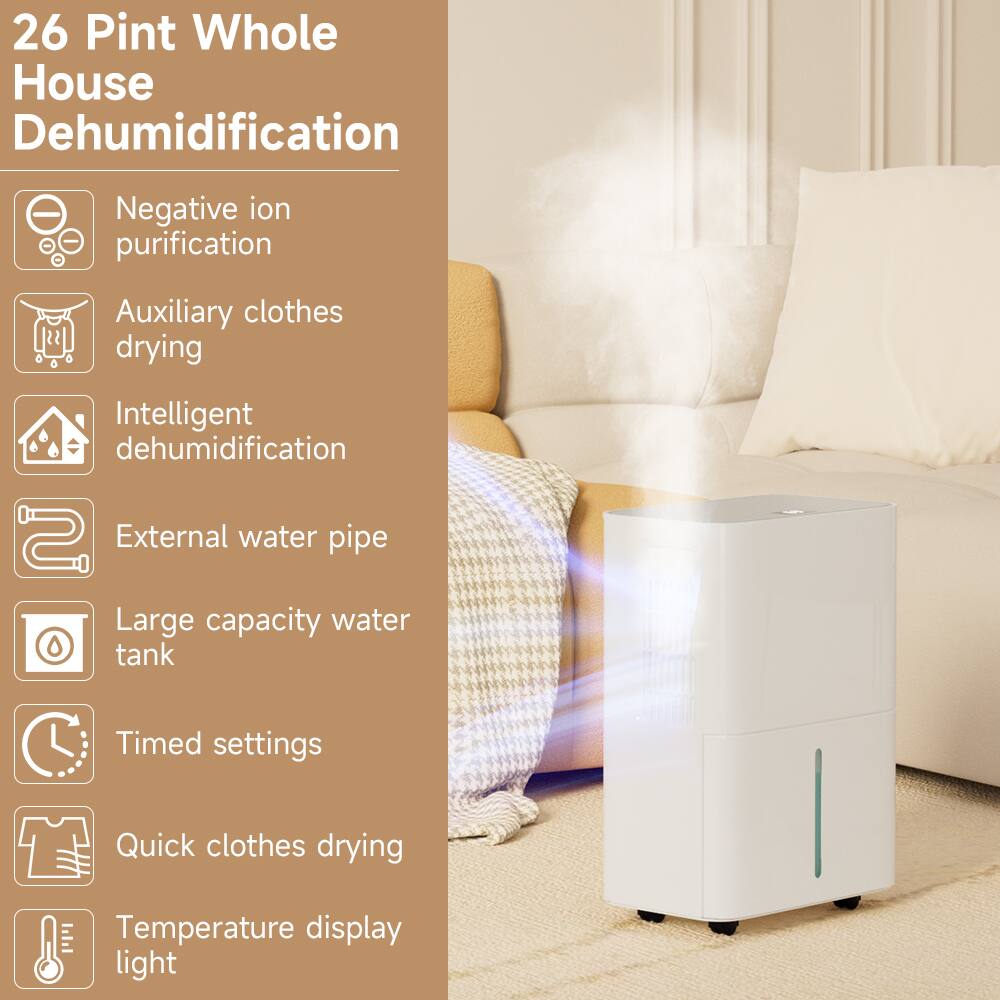 26 Pint Whole House Dehumidification

- Negative ion purification
- Auxiliary clothes drying
- Intelligent dehumidification
- External water pipe
- Large capacity water tank
- Timed settings
- Quick clothes drying
- Temperature display light
