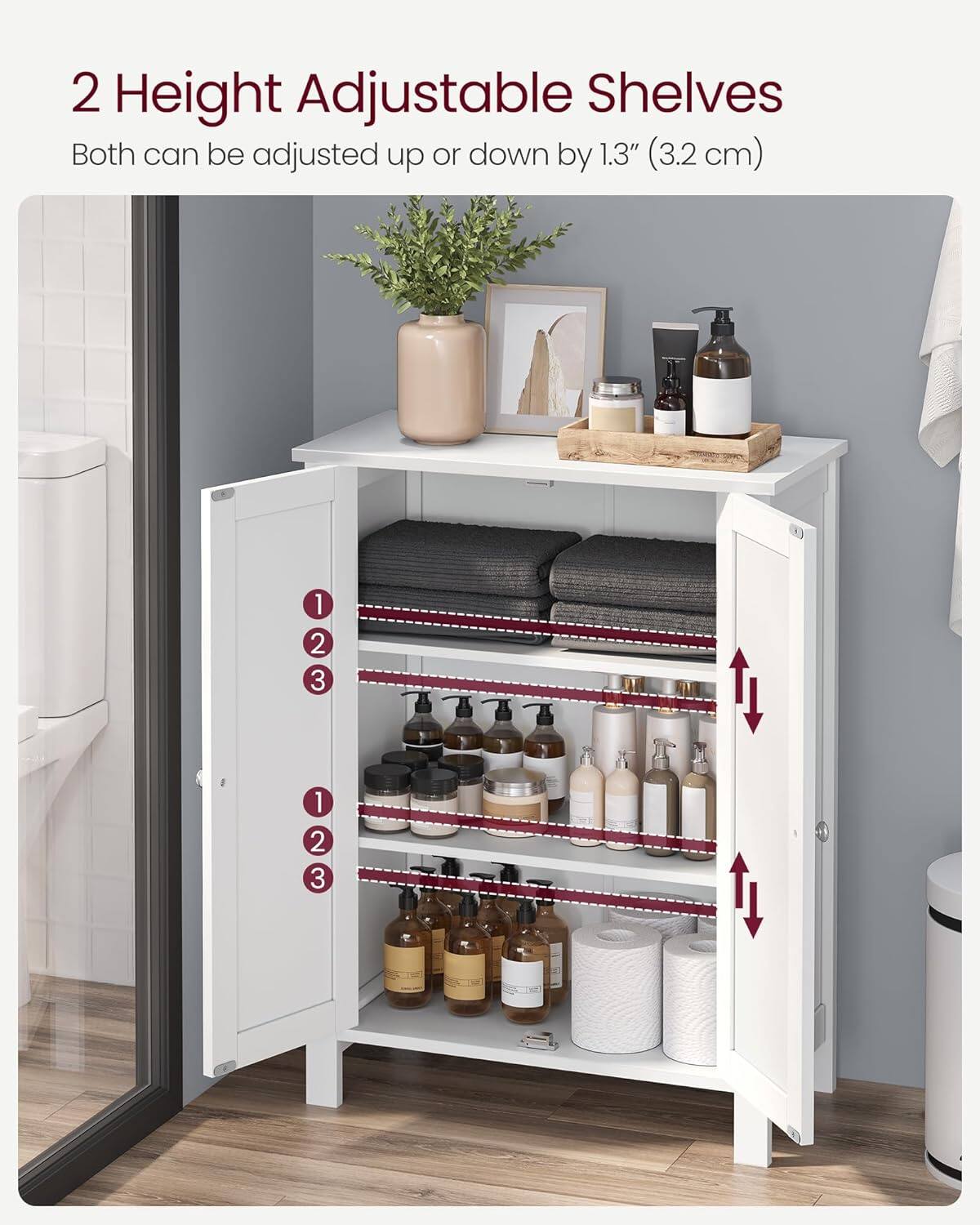 2 Height Adjustable Shelves  
Both can be adjusted up or down by 1.3" (3.2 cm)