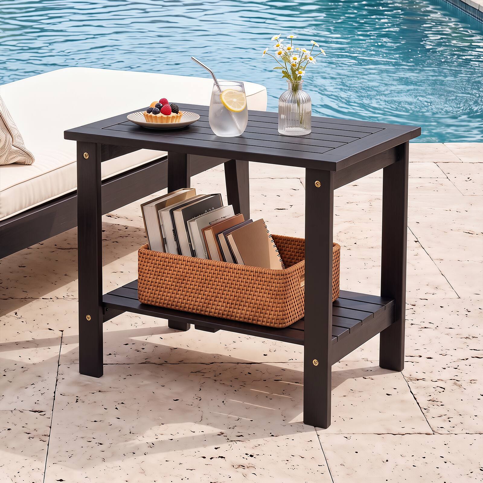 Alt View 3. Gymax - Gymax 2PCS Outdoor Eucalyptus Wood Side Table 2-Tier End Table w/Slatted Tabletop Black - Black.