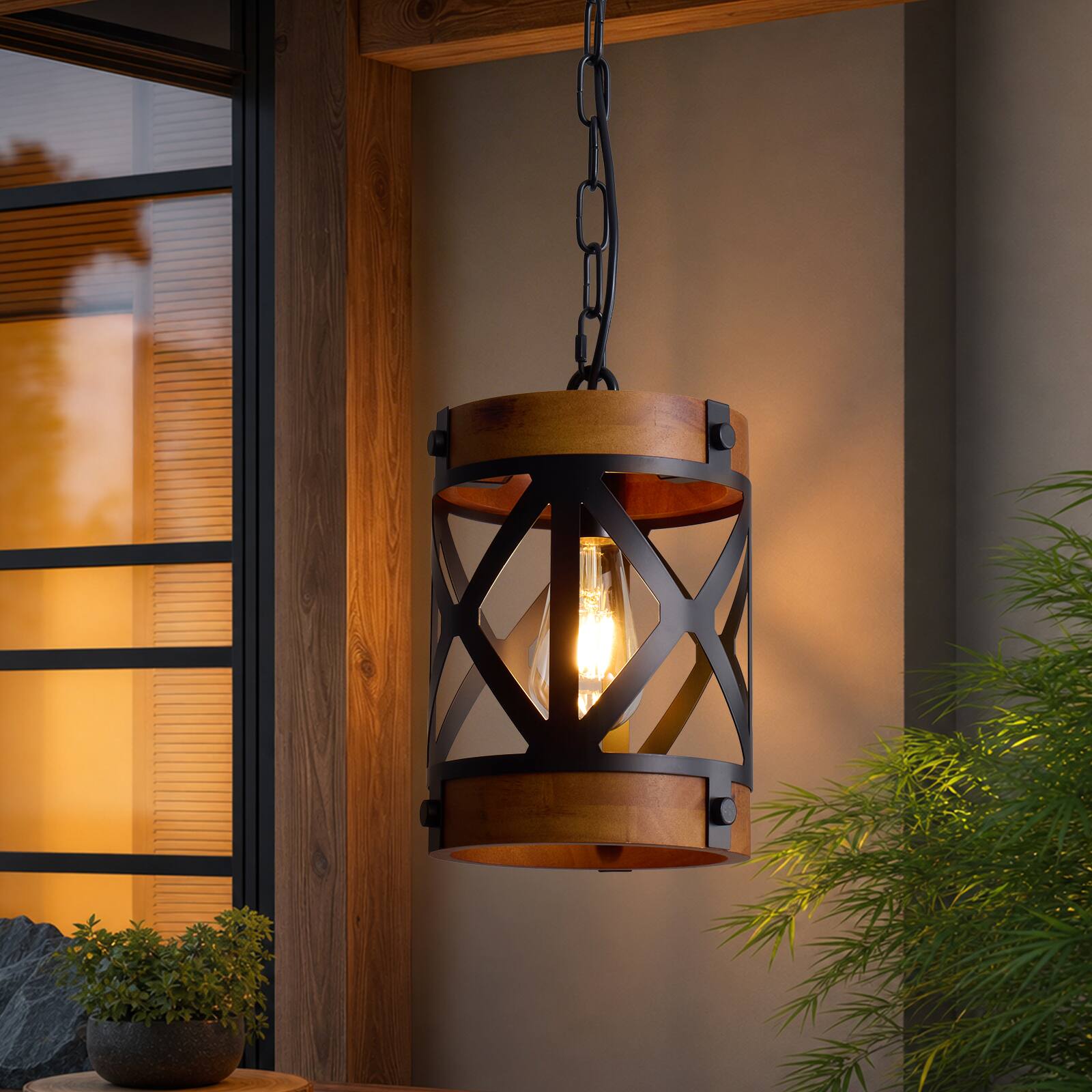 Angle. Siljoy - 7-In Industrial Cage Pendant Light Black Wood Grain Lantern E26 Adjustable Height Kitchen Dining Entryway - Brown.