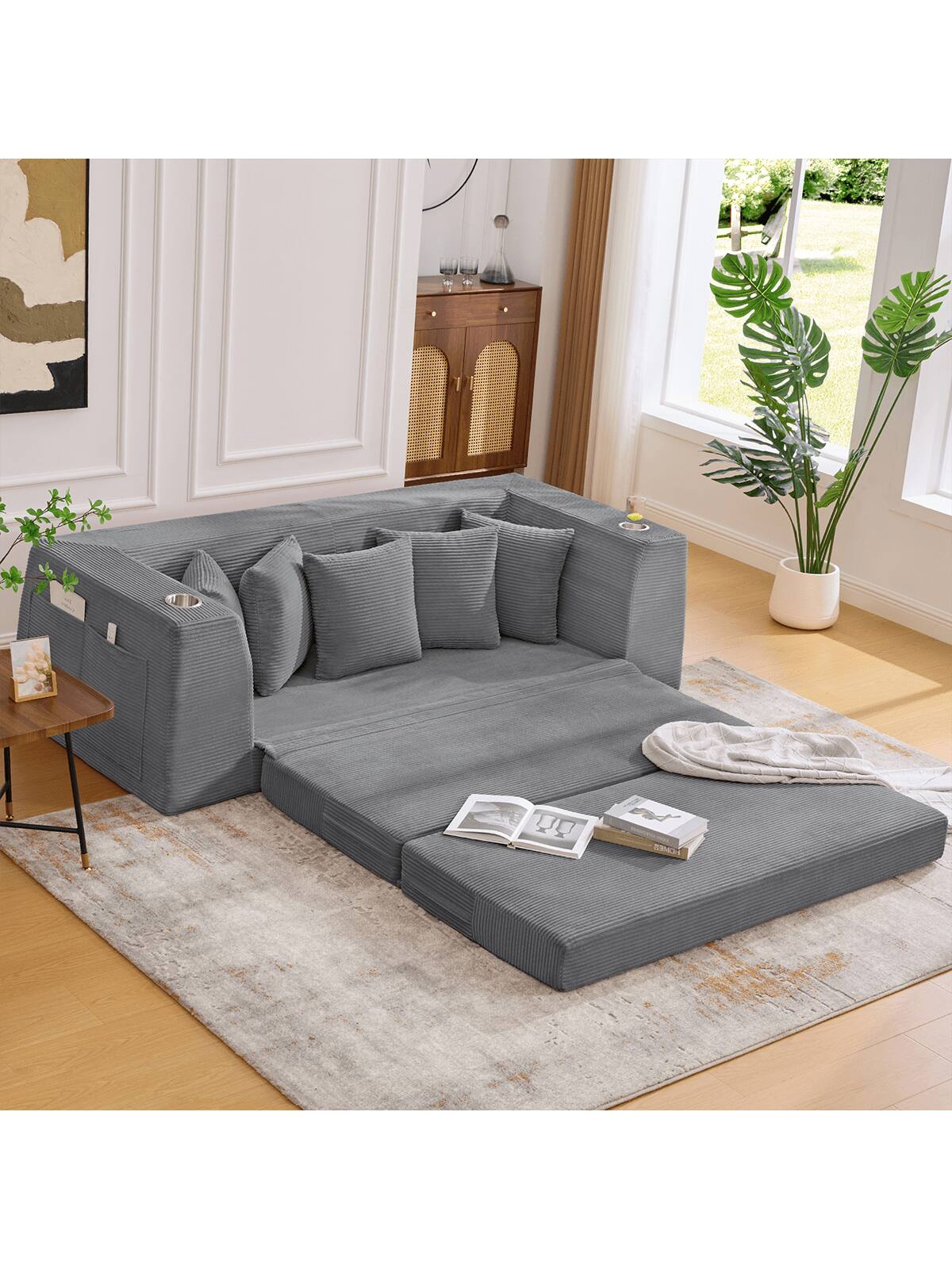 Angle. Trinkets Crazed - 82.25" Convertible Sofa Bed, Loveseat Sleeper Sofa, 2 In 1 Sofa, Corduroy Pull Out Sofa Bed, 5 Pillows, Side Pocket - Dark Gray.