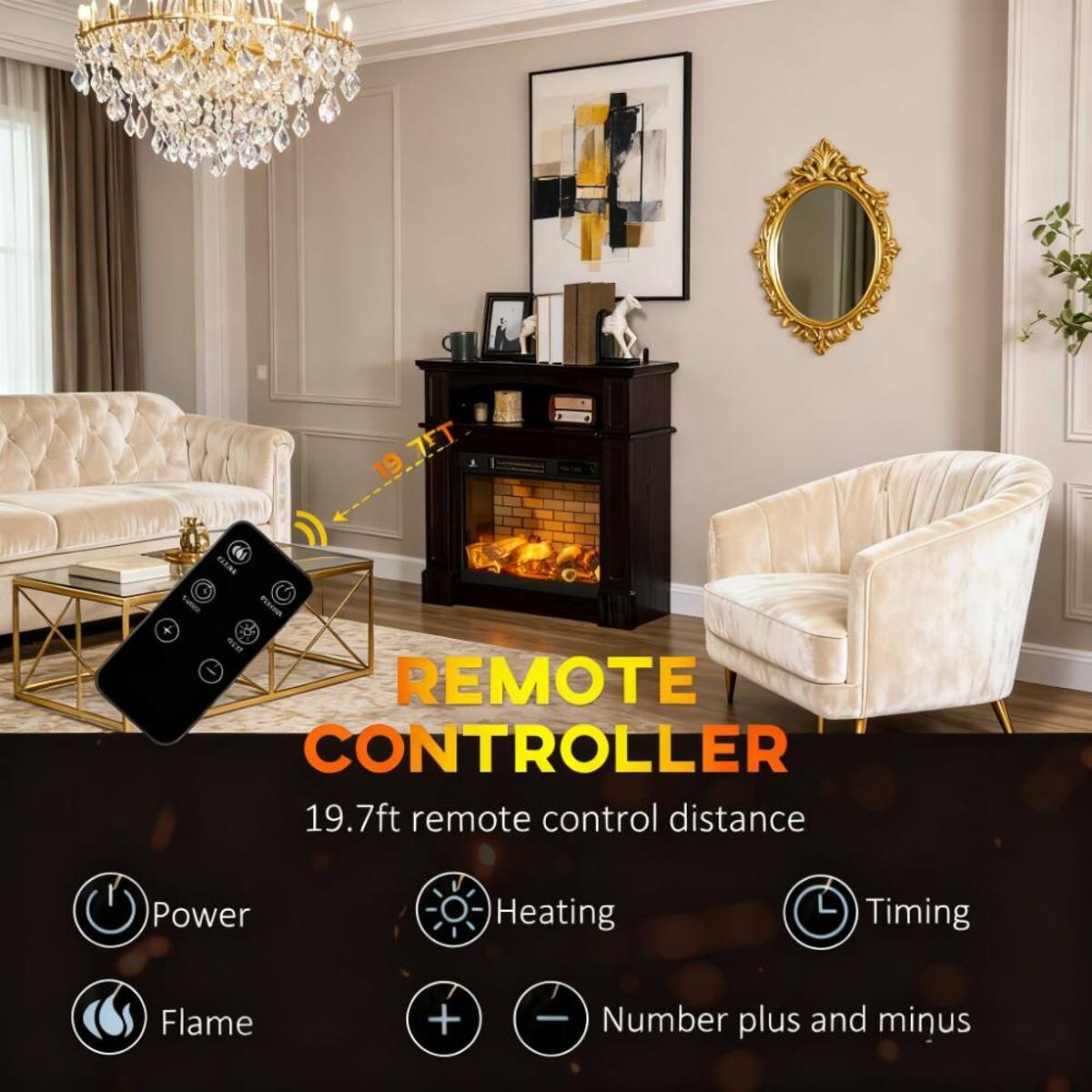 REMOTE CONTROLLER  
19.7ft remote control distance

- Power
- Heating
- Timing
- Flame
- Number plus and minus
