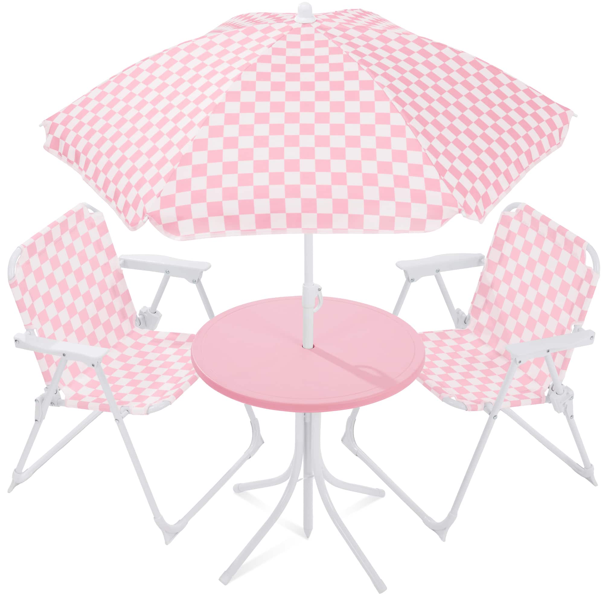 Best Choice Products - Kids Outdoor Table and Chair Set with Umbrella, 3-Piece Foldable Toddler Picnic Set Ages 2-5 - Pink - Pink / White