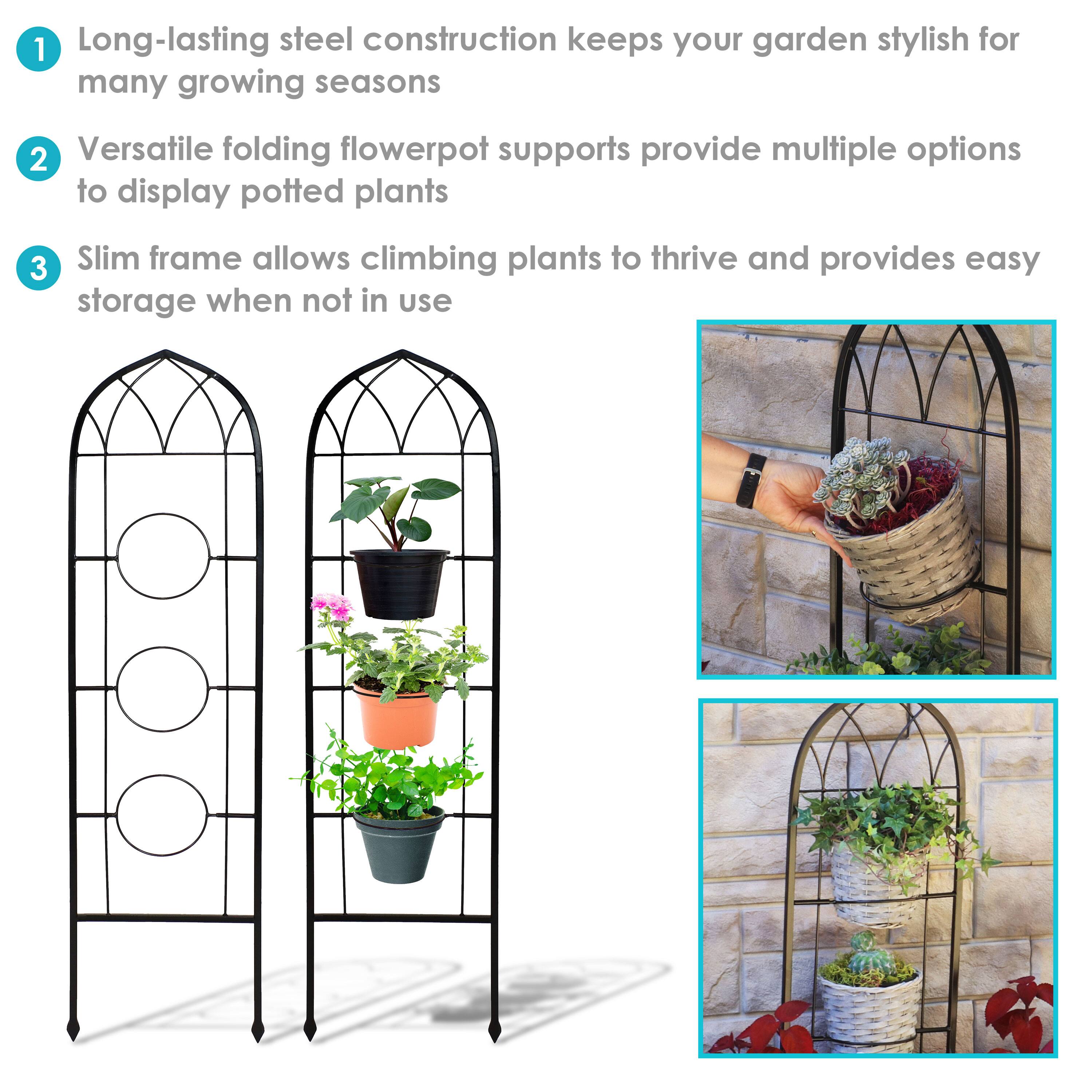 1. Long-lasting steel construction keeps your garden stylish for many growing seasons.
2. Versatile folding flowerpot supports provide multiple options to display potted plants.
3. Slim frame allows climbing plants to thrive and provides easy storage when not in use.