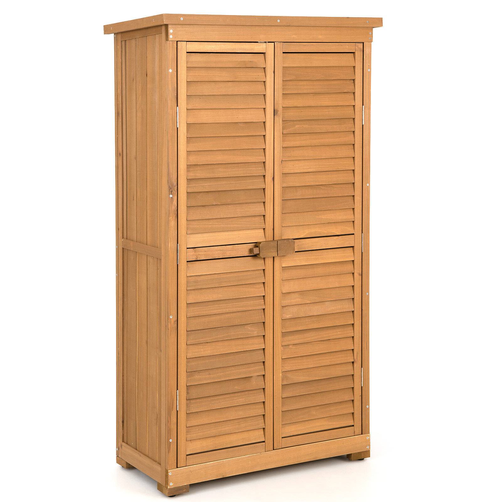 Front. SlickBlue - Garden Tool Storage Cabinet in Wood, Outdoor Organizer for Tools - Natural.