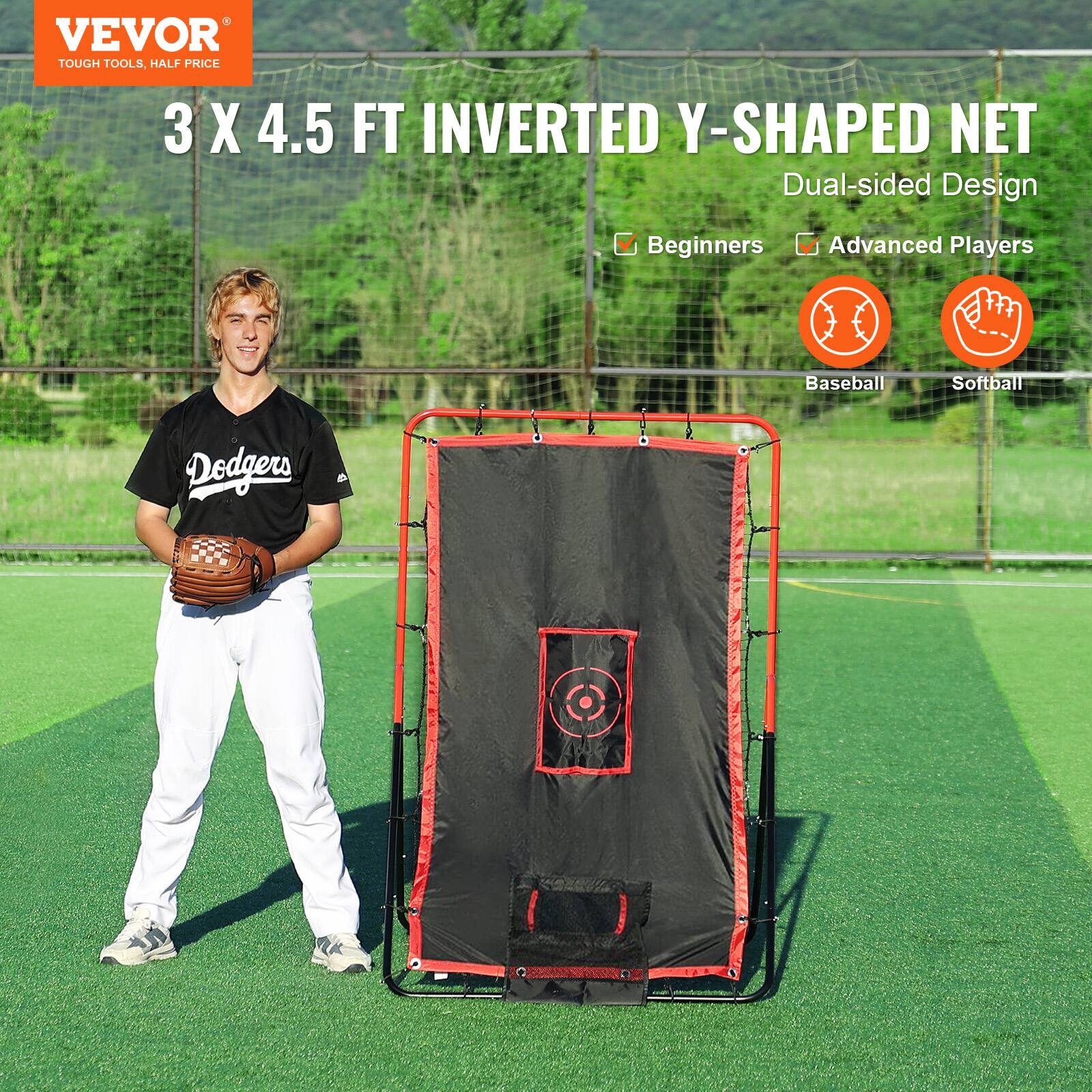 VEVOR  
TOUGH TOOLS, HALF PRICE  

3 X 4.5 FT INVERTED Y-SHAPED NET  
Dual-sided Design  

Beginners  
Advanced Players  

Baseball  
Softball  

Dedgers