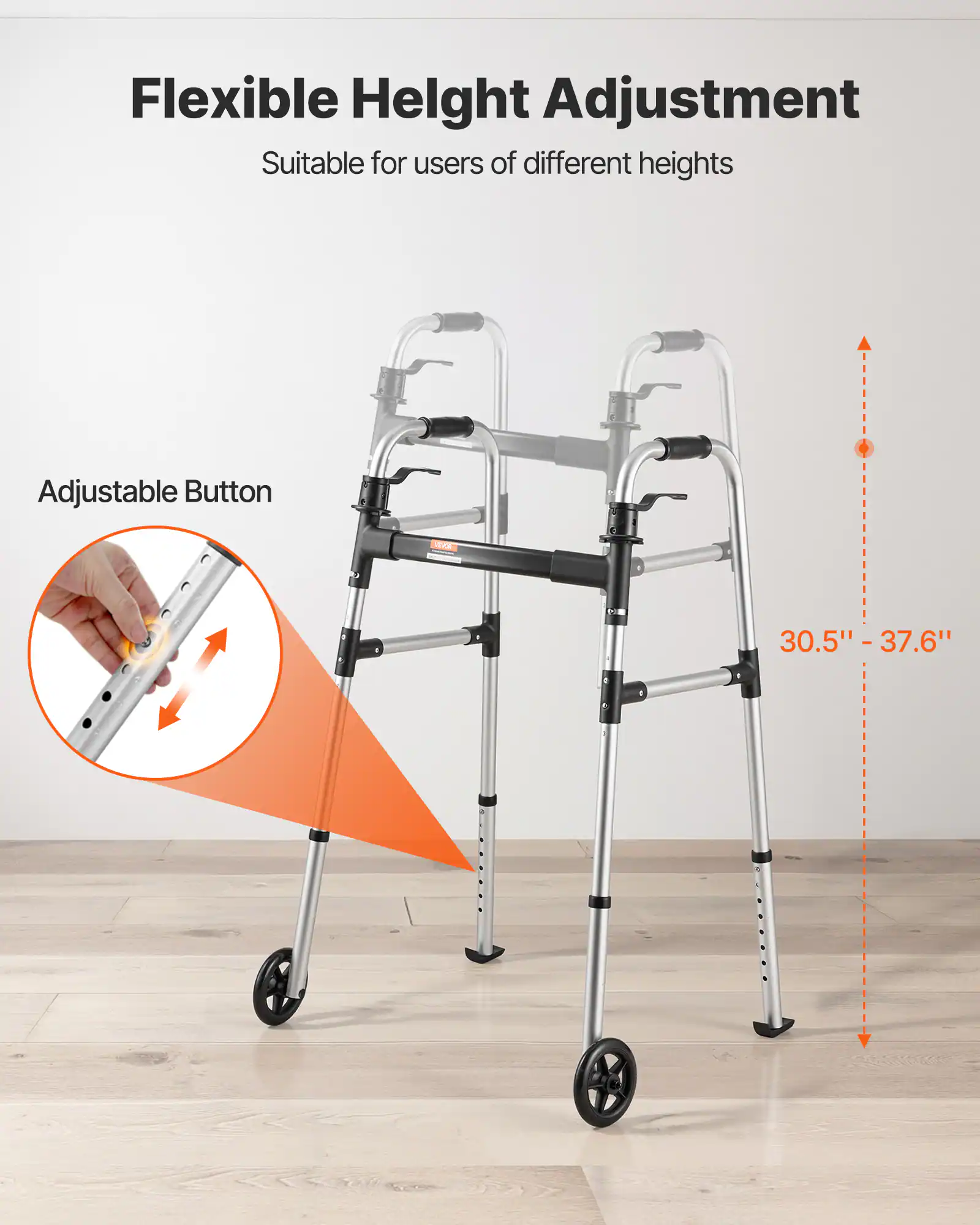 Flexible Height Adjustment  
Suitable for users of different heights  

Adjustable Button  
30.5" - 37.6"