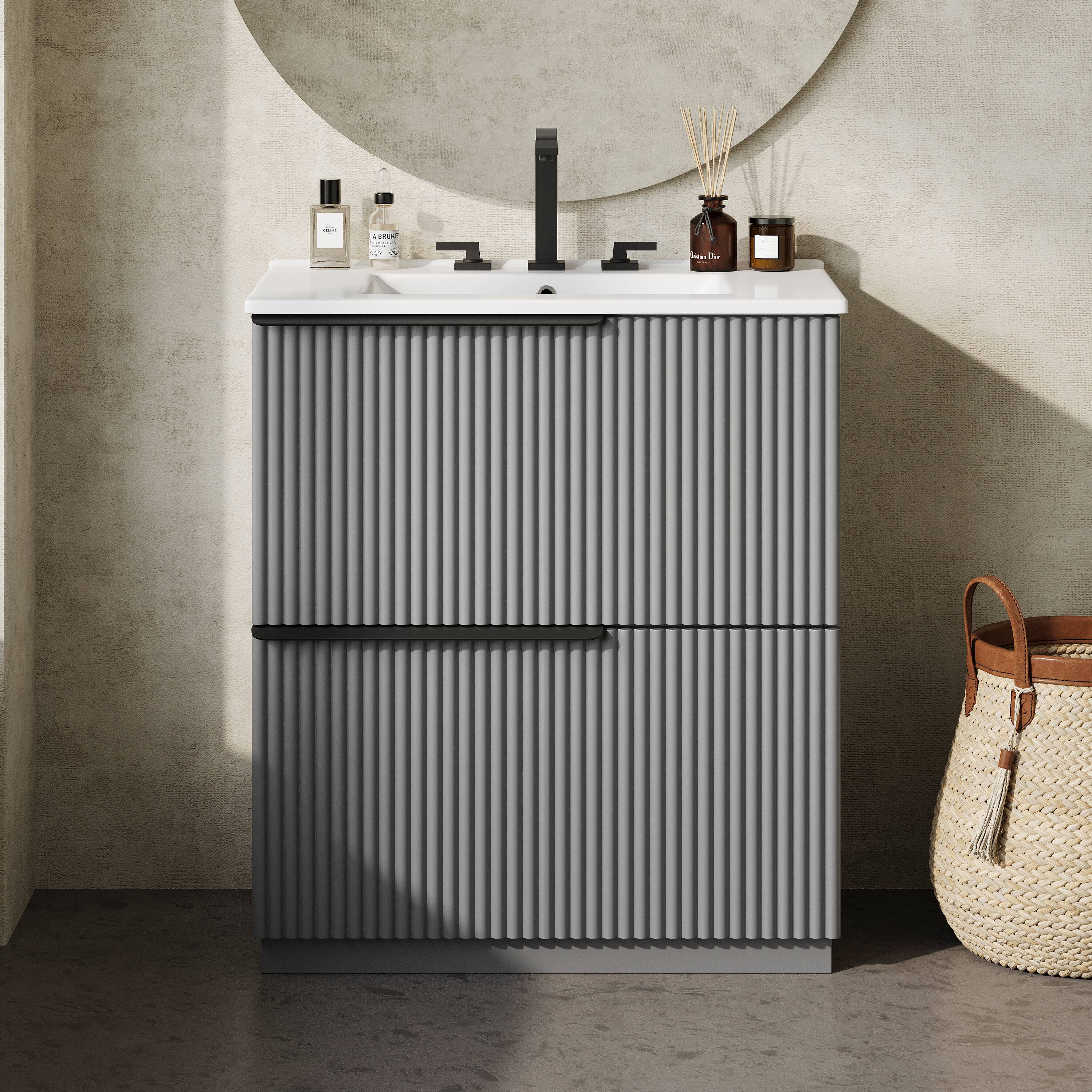 Left. Loheer - 2.5 ft Bathroom Vanity with Ceramic Sink, Soft-Close Full-Extension Drawers - Gray.