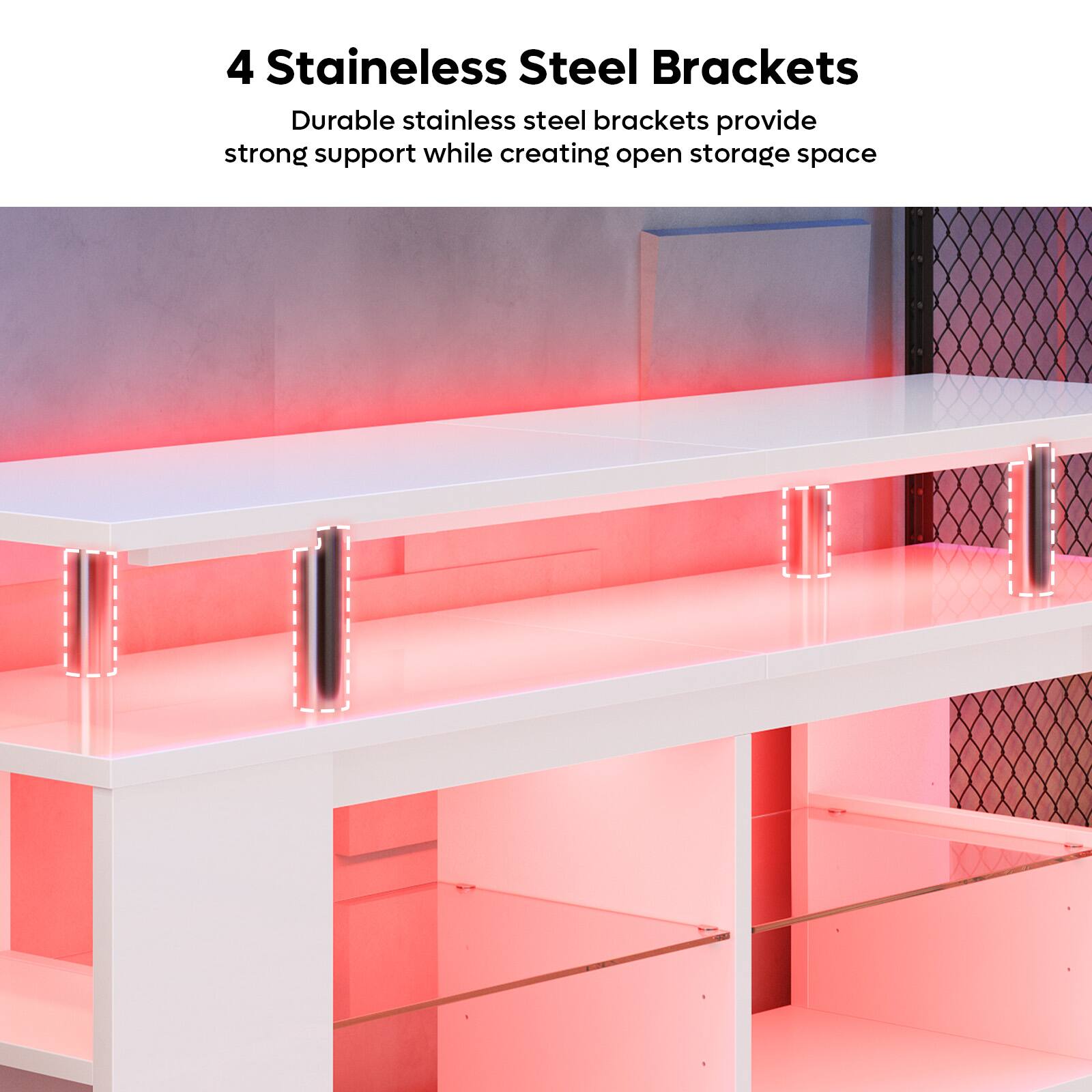 "4 Stainless Steel Brackets: Durable stainless steel brackets provide strong support while creating open storage space."