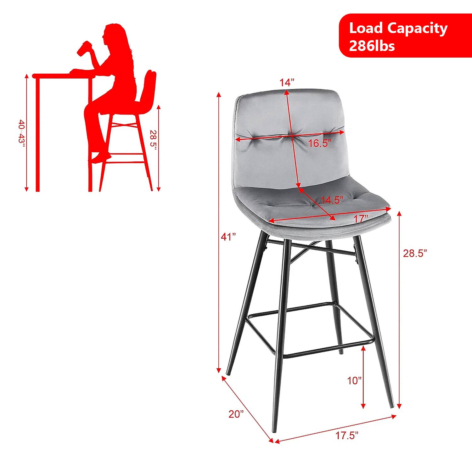Load Capacity: 286lbs  
14"  
40"  
28"  
5"  
5"  
16.5"  
14.5"  
17"  
41"  
28.5"  
10"  
20"  
17.5"