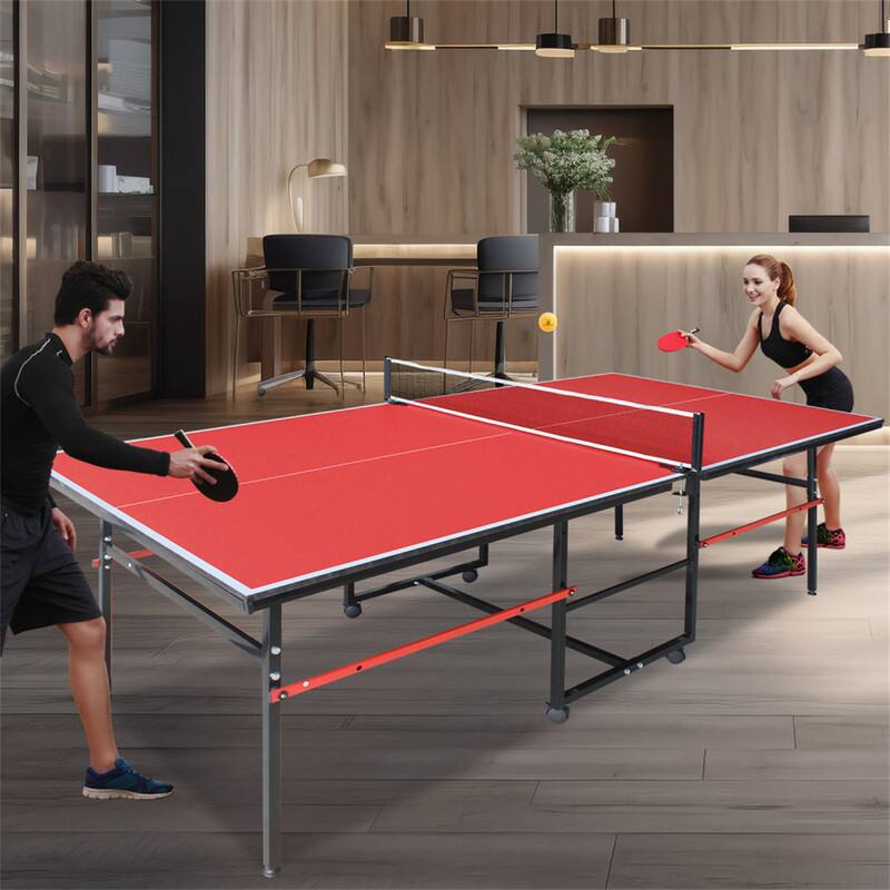 Alt View 5. HTUTWOO - 8ft Mid-Size Table Tennis Table -Foldable & Portable Ping Pong Set,Indoor Game Surface,Net, 2 Paddles & 3 Balls Included - Red.
