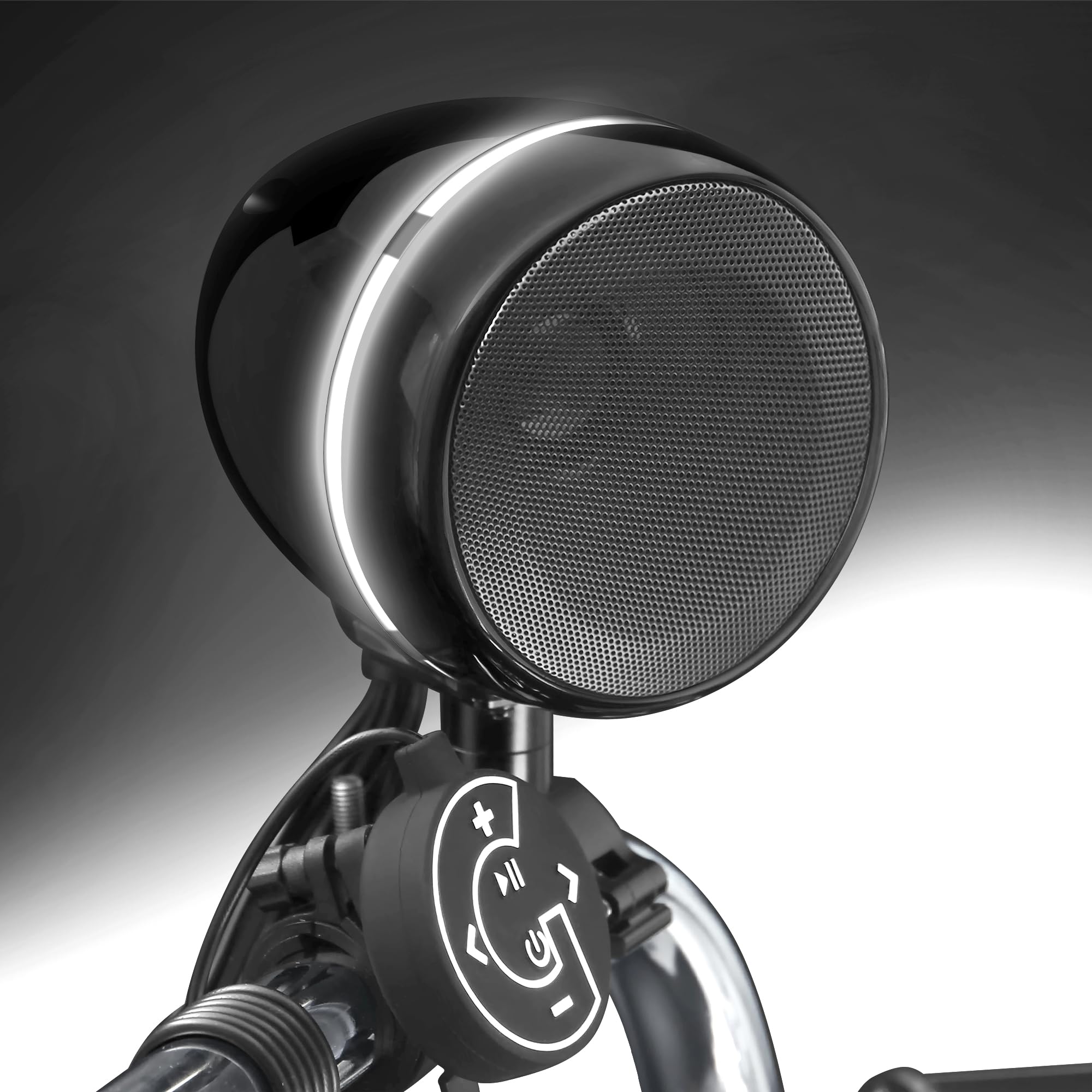 Left. GoHawk - Bluetooth Motorcycle Speakers, 4" Waterproof Stereo Stereo Audio System w/ Built-in Amp, LED Halo, USB for Harley ATV - Black.