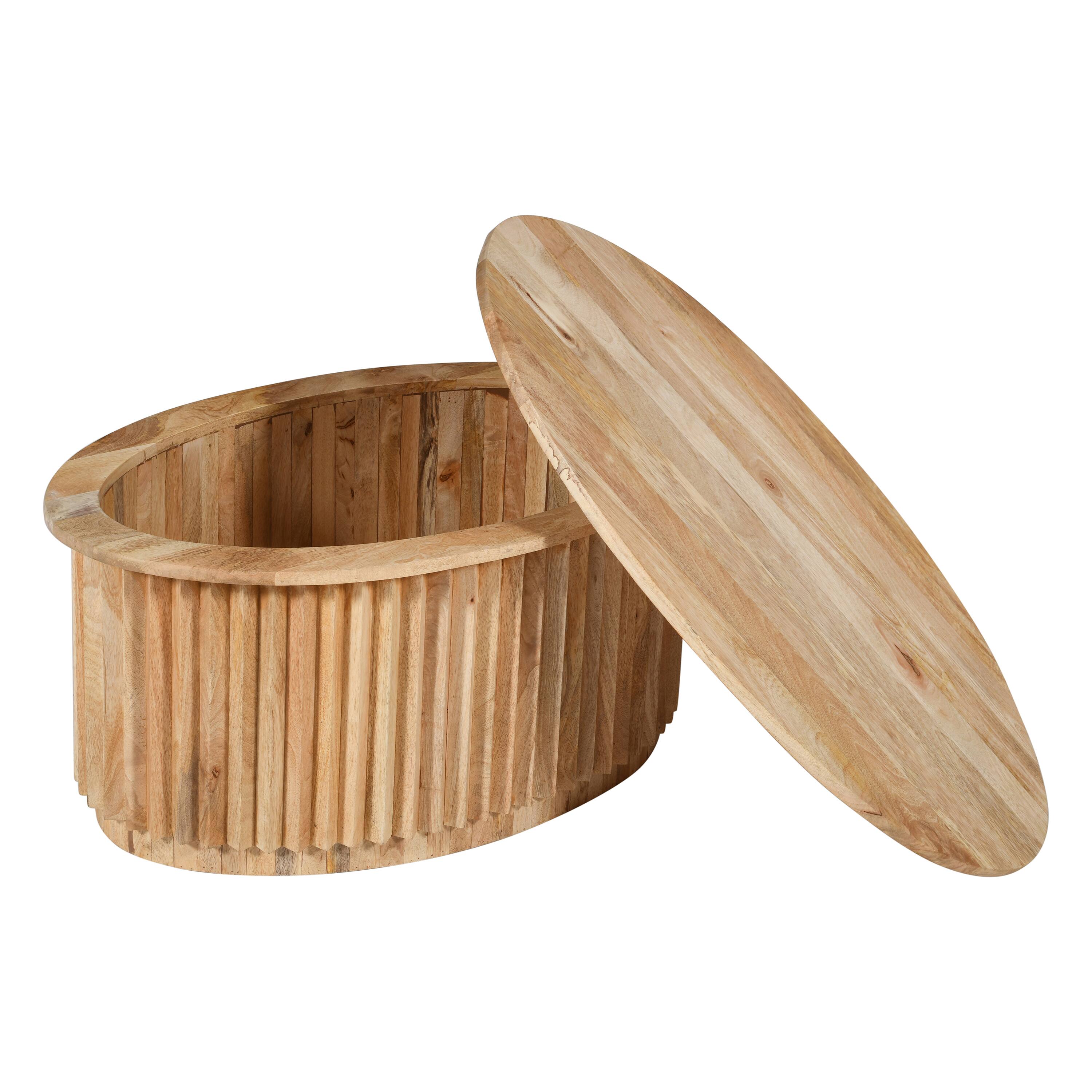 Alt View 2. Manhattan Lane - Muna Coffee Table, 36 Inch Oval Top, Handcrafted Mango Wood, Reeded Base with Hidden Storage - Brown.