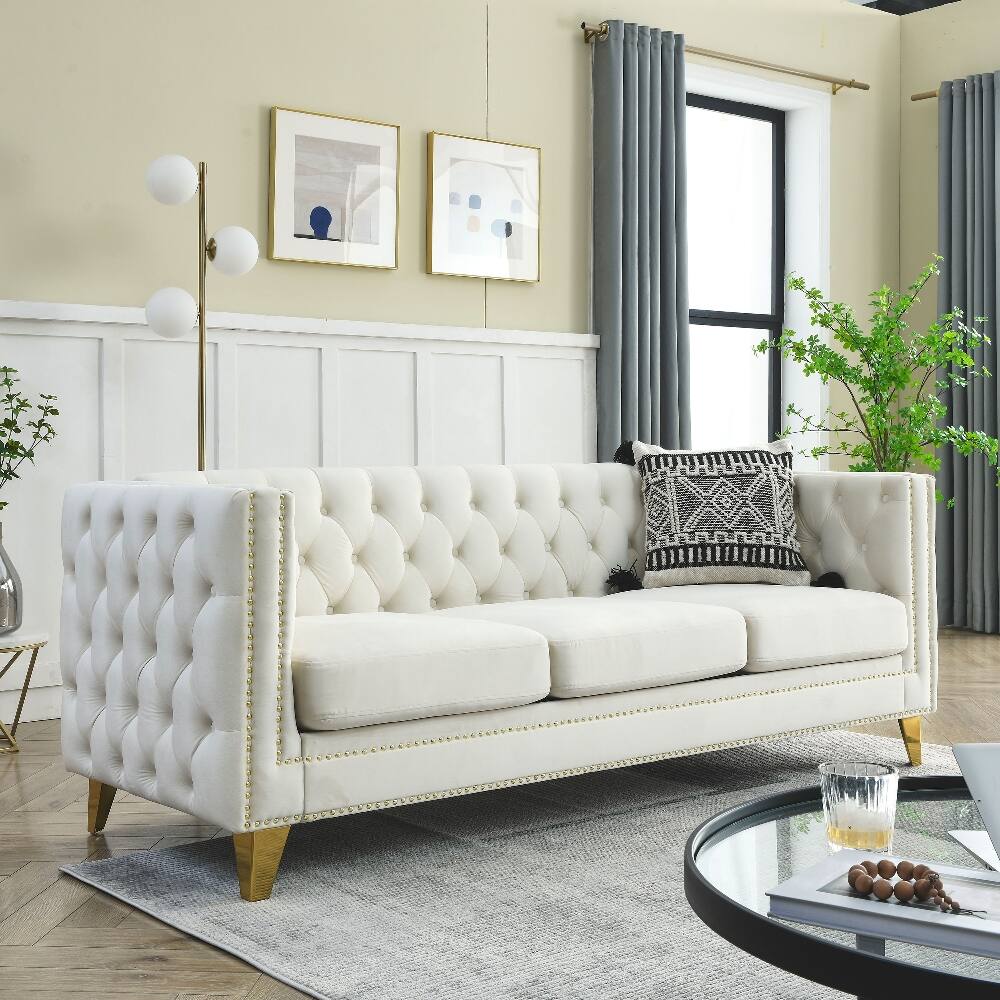 Left. Loheer - Loheer Beige Velvet Sofa, 3-Seat Chesterfield Couch with Button Tufted Square Arms and Metal Legs for Modern Living Room - Beige.