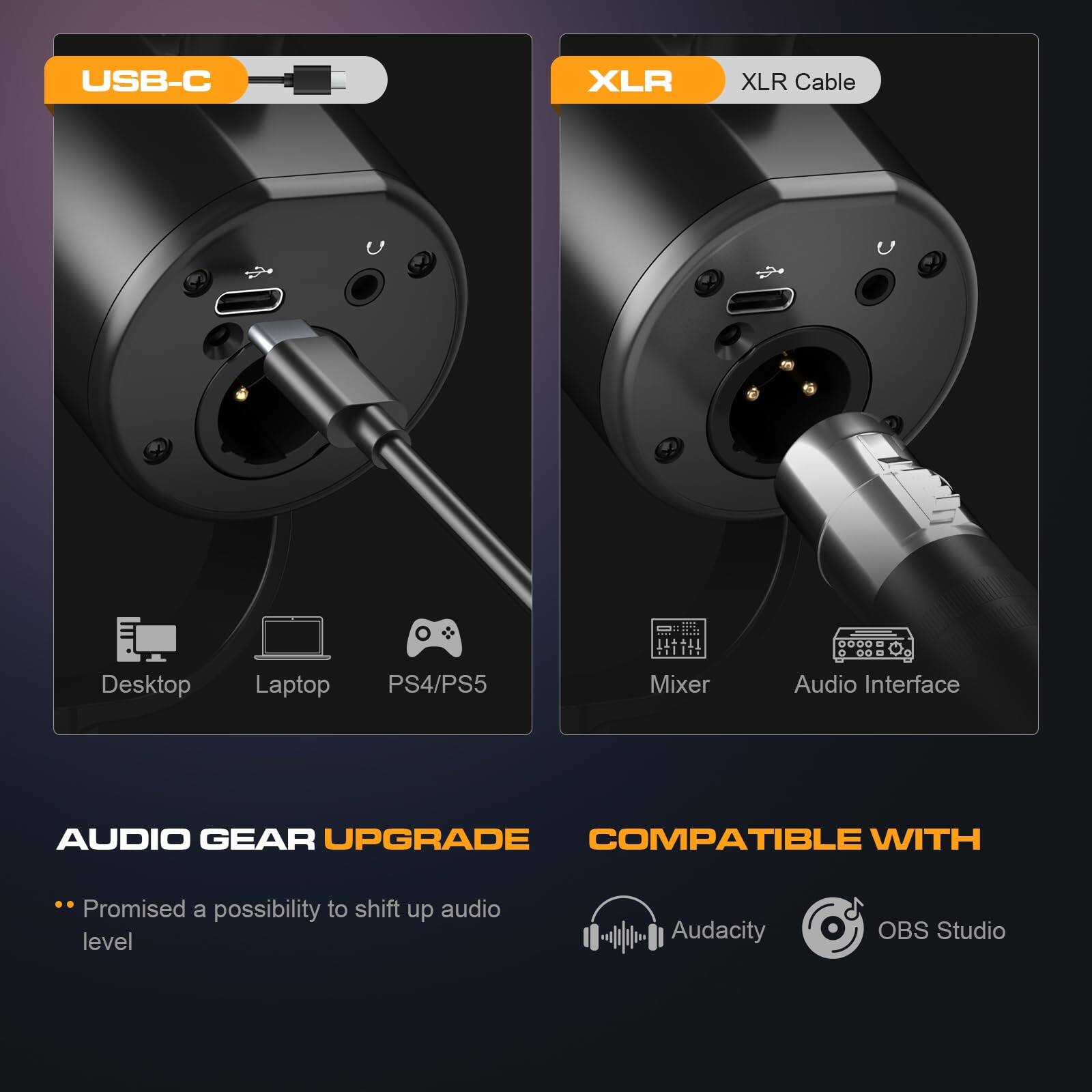USB-C XLR Cable

- USB-C
- XLR Cable

Compatible with:
- Desktop
- Laptop
- PS4/PS5
- Mixer
- Audio Interface

Audio Gear Upgrade
- Promised a possibility to shift up audio level

Compatible with:
- Audacity
- OBS Studio