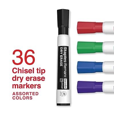 36 Chisel tip dry erase markers  
ASSORTED COLORS  
Staples Remarx  
DRY ERASE  
7 low chisel