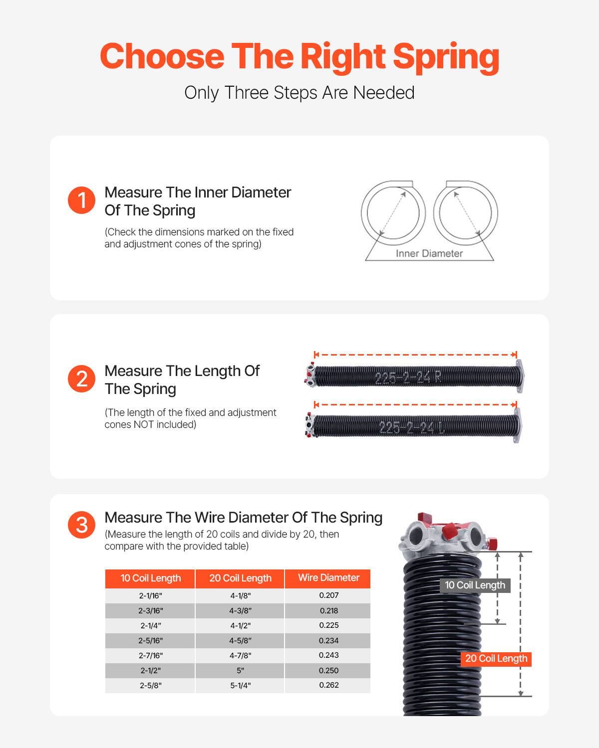 Choose The Right Spring  
Only Three Steps Are Needed  

1. Measure The Inner Diameter Of The Spring  
   (Check the dimensions marked on the fixed and adjustment cones of the spring)  

2. Measure The Length Of The Spring  
   (The length of the fixed and adjustment cones NOT included)  

3. Measure The Wire Diameter Of The Spring  
   (Measure the length of 20 coils and divide by 20, then compare with the provided table)  

| 10 Coil Length | 20 Coil Length | Wire Diameter |
|---------------|---------------|--------------|
| 2-1/16"        | 4-1/8"         | 0.207        |
| 2-3/16"        | 4-3/8"         | 0.218        |
| 2-1/4"         | 4-1/2"         | 0.225        |
| 2-5/16"        | 4-5/8"         | 0.234        |
| 2-7/16"        | 4-7/8"         | 0.243