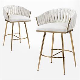 HTUTWOO - Velvet Bar Stools Set of 2, 26'' Modern Counter Height Chairs with Adjustable Non-Slip Glides and Wave Back for Kitchen - Beige