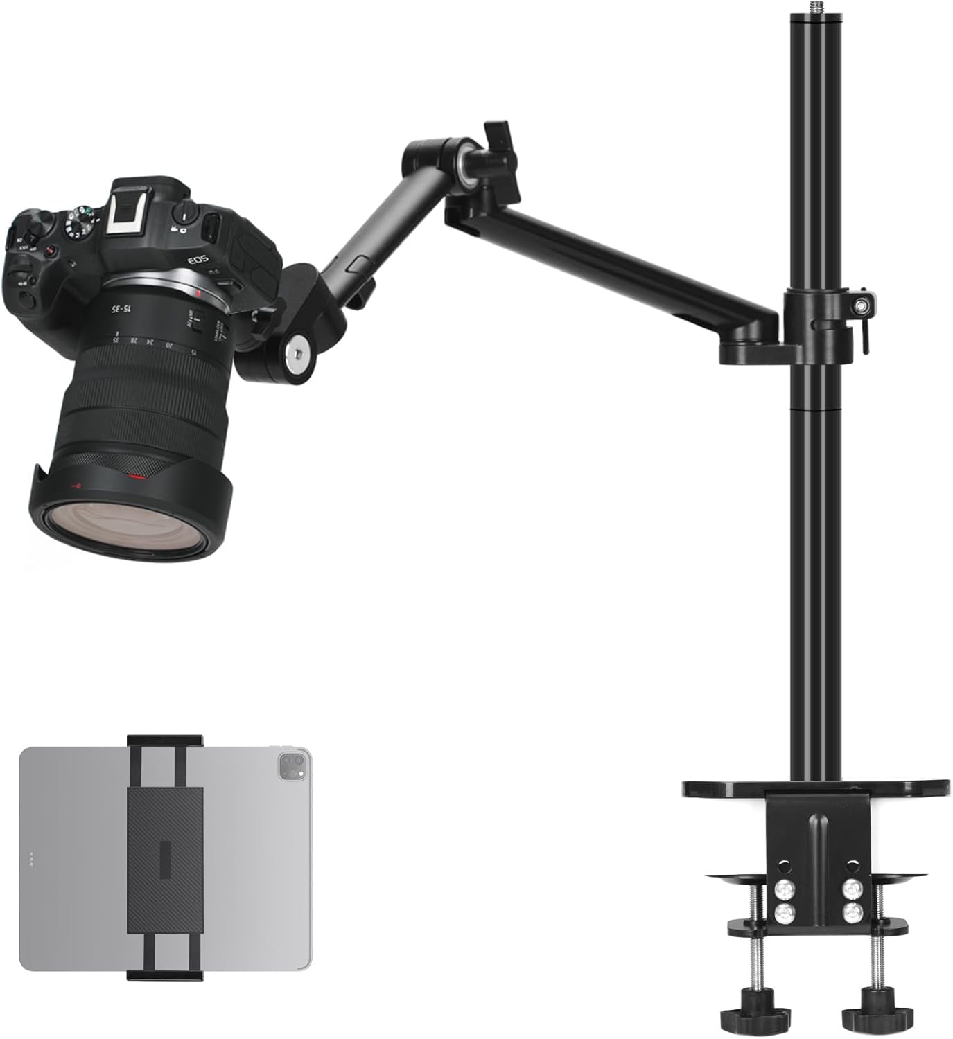 TARION - Camera Arm Mount Desk Stand DSLR Desktop Mount Camera Stand with Tablet Holder Double C Clamp
