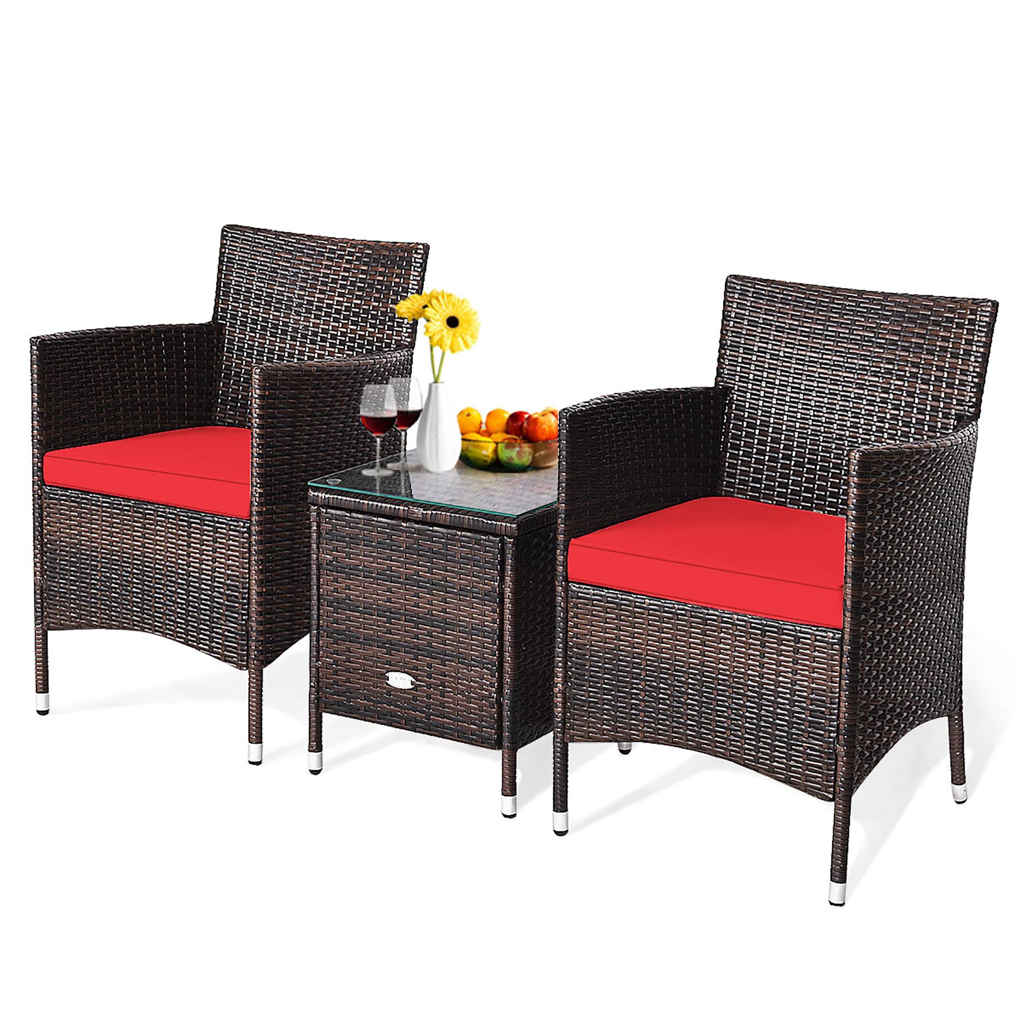 Left. Costway - Outdoor 3 PCS PE Rattan Wicker Furniture Sets Chairs  Coffee Table Garden - Red.