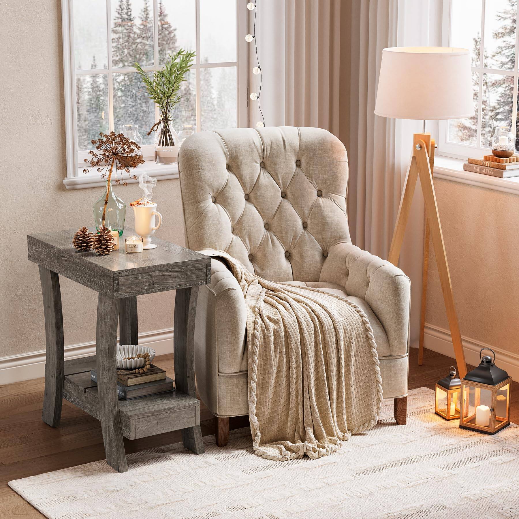 Left. Tribesigns - LITTLE TREE Narrow Side Table with Storage, 2-Tier Rectangular End Table - Grey.