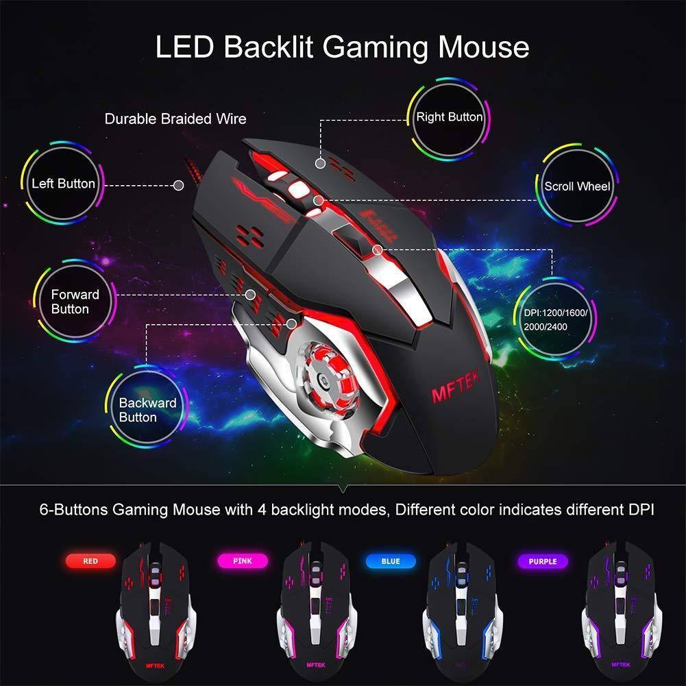 LED Backlit Gaming Mouse

- Durable Braided Wire
- Right Button
- Left Button
- Scroll Wheel
- Forward Button
- Backward Button

DPI: 1200/1600/2000/2400

6-Buttons Gaming Mouse with 4 backlight modes, Different color indicates different DPI

- RED
- PINK
- BLUE
- PURPLE

MFTEK